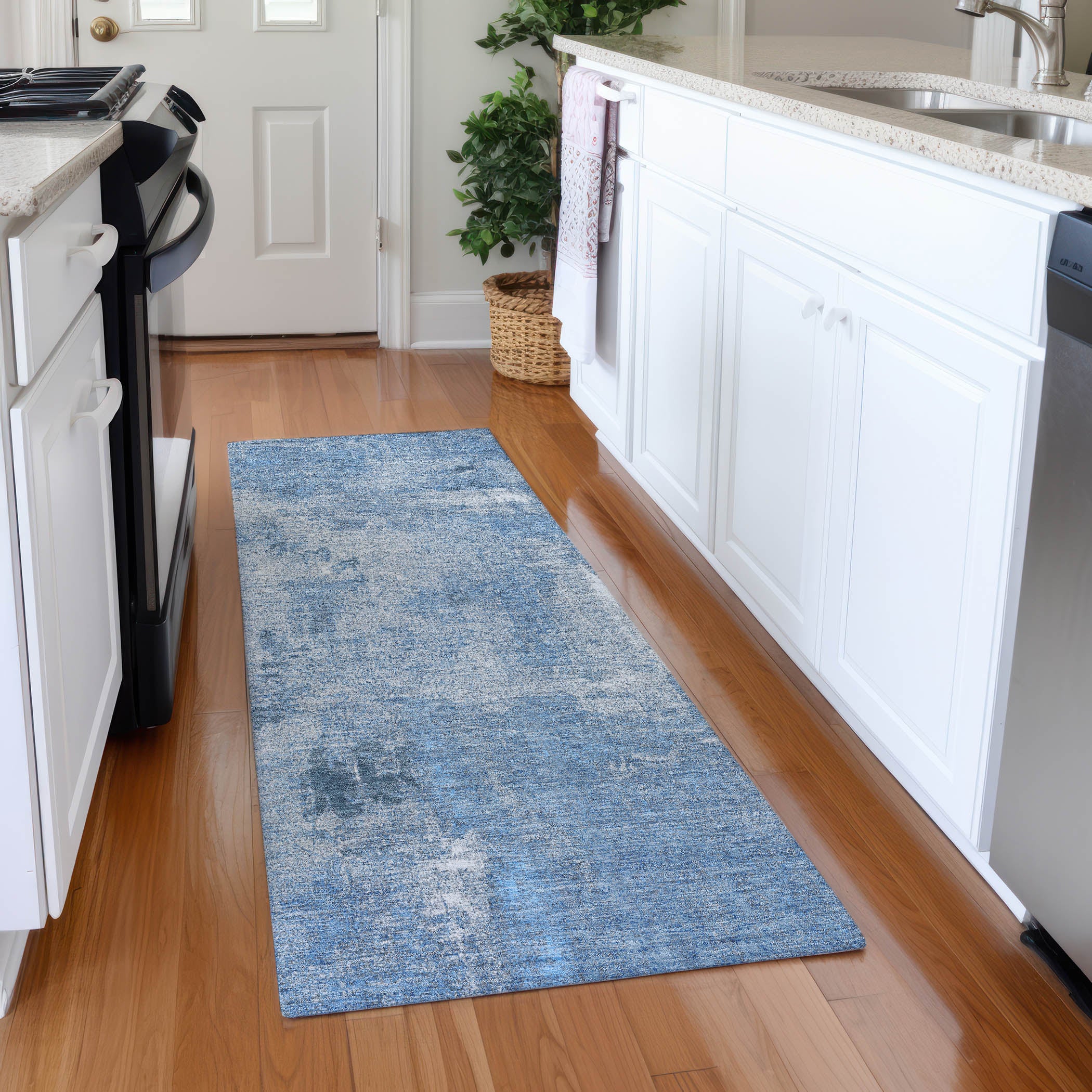 Antigua Machine Washable Transitional Denim Blue Rug 2'3" x 7'6" #shape_Runner