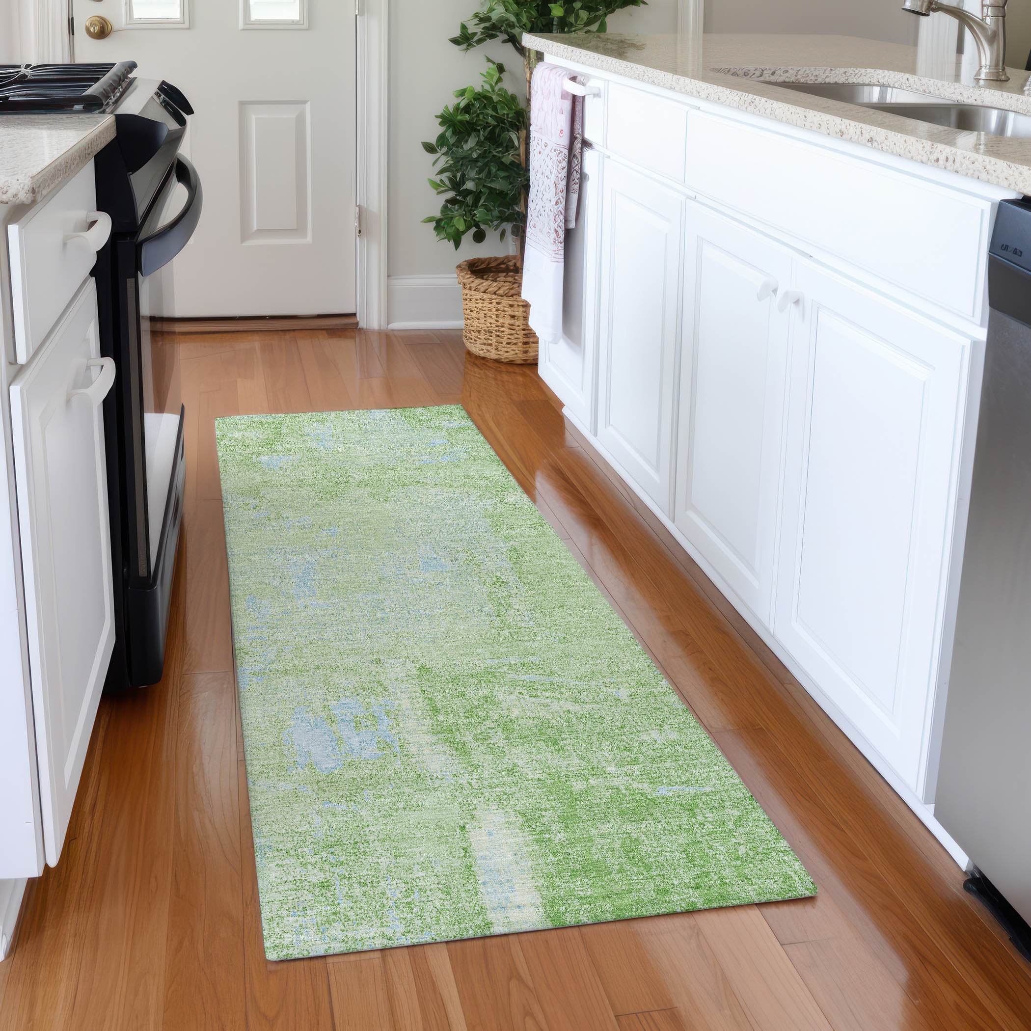 Antigua Machine Washable Transitional Green Rug 2'3" x 7'6" #shape_Runner