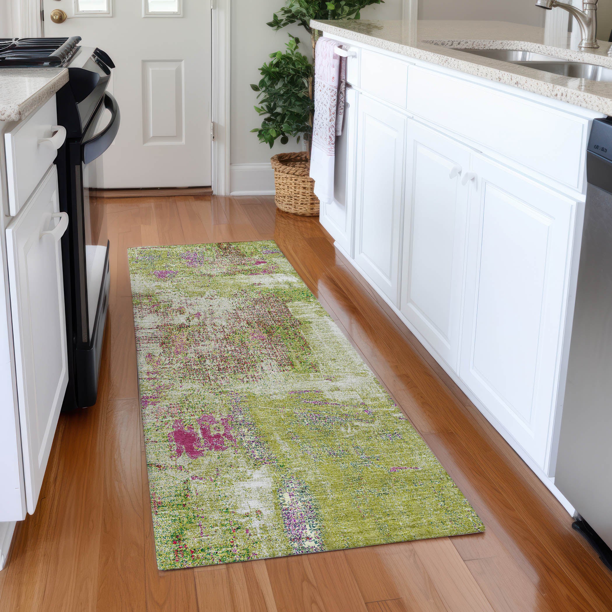 Antigua Machine Washable Transitional Lime Green Rug 2'3" x 7'6" #shape_Runner