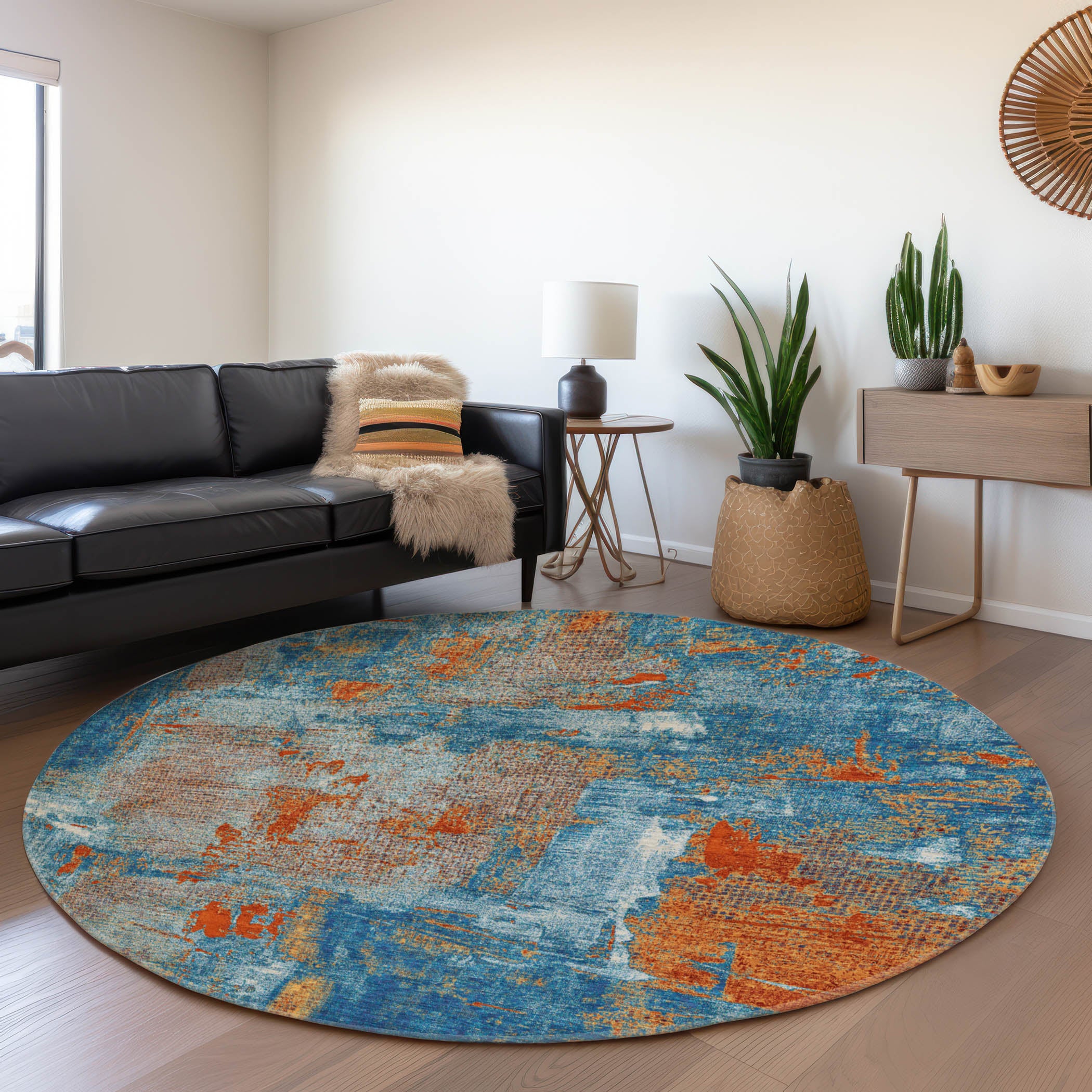 Antigua Machine Washable Transitional Navy Blue Rug 8' x 8' #shape_Round