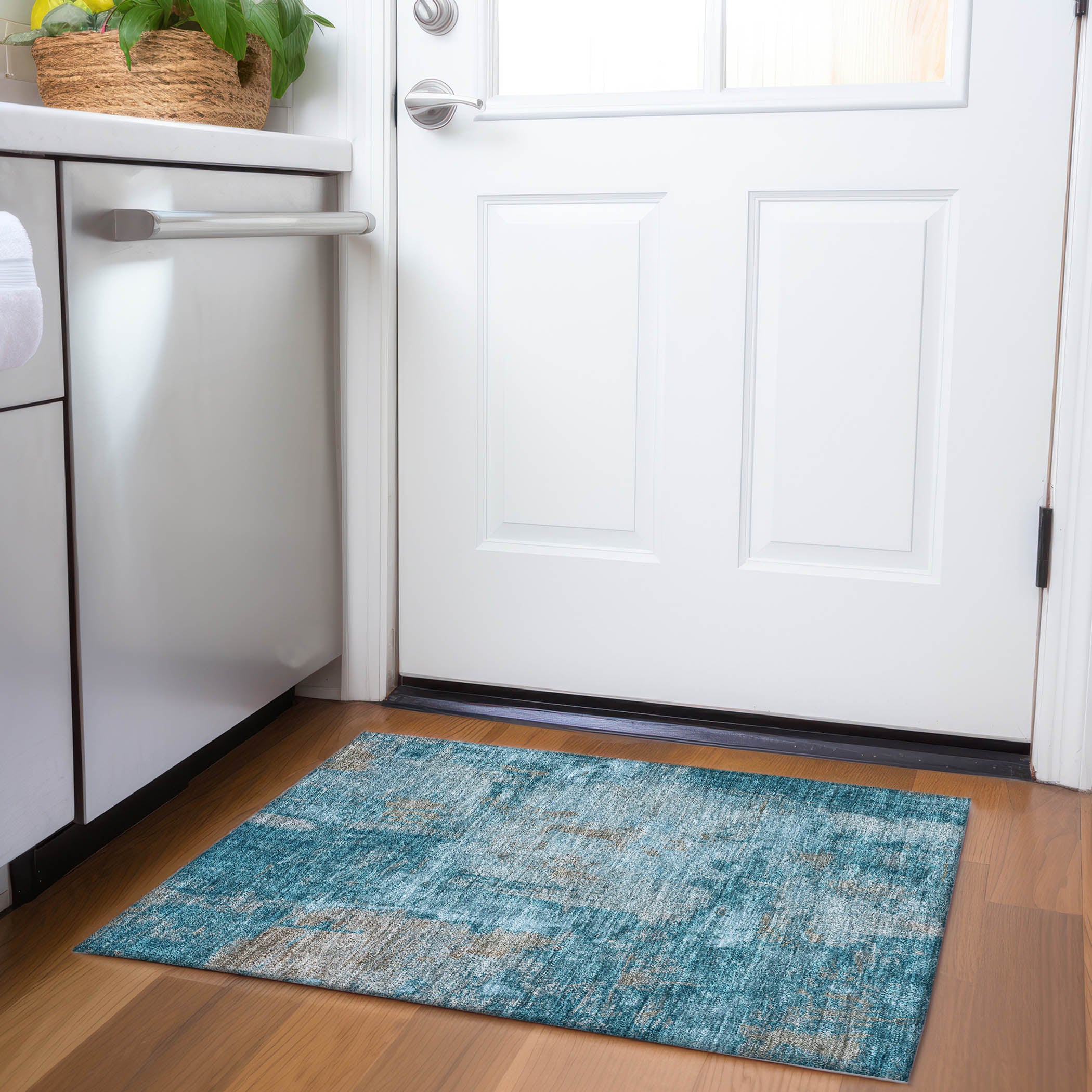 Antigua Machine Washable Transitional Teal Rug 1'8" x 2'6" #shape_Rectangle