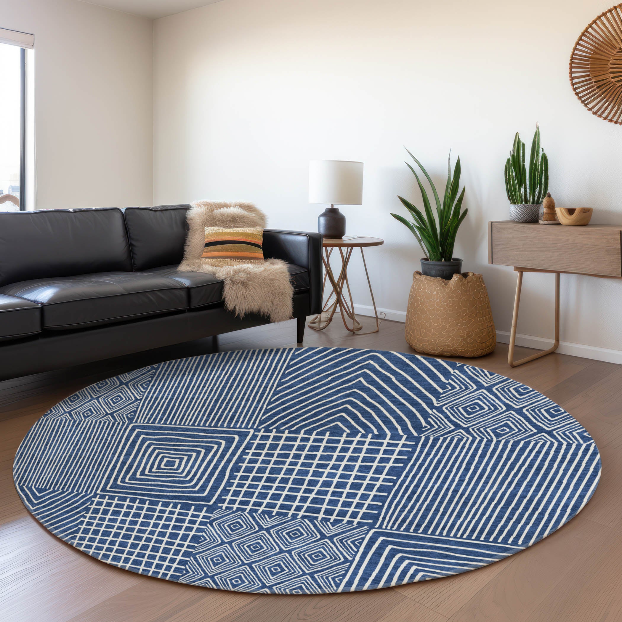 Athens Machine Washable Transitional Navy Blue Rug 8' x 8' #shape_Round