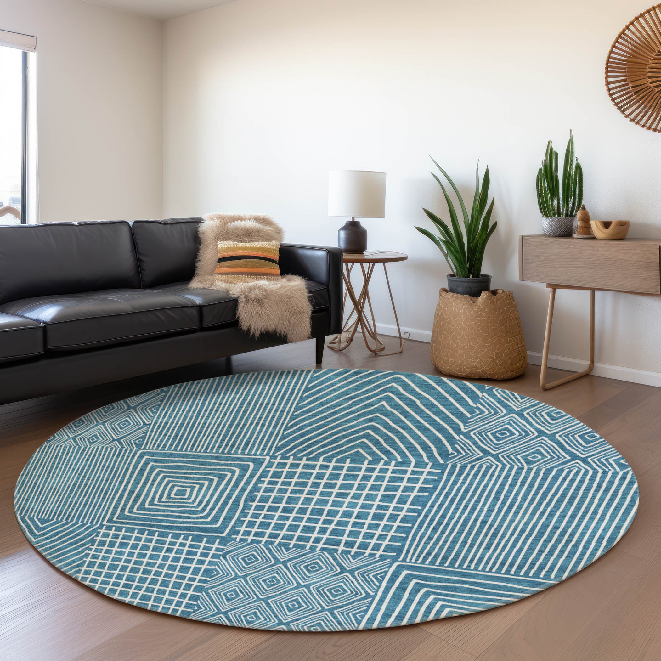 Athens Machine Washable Transitional Teal Rug 8' x 8' #shape_Round