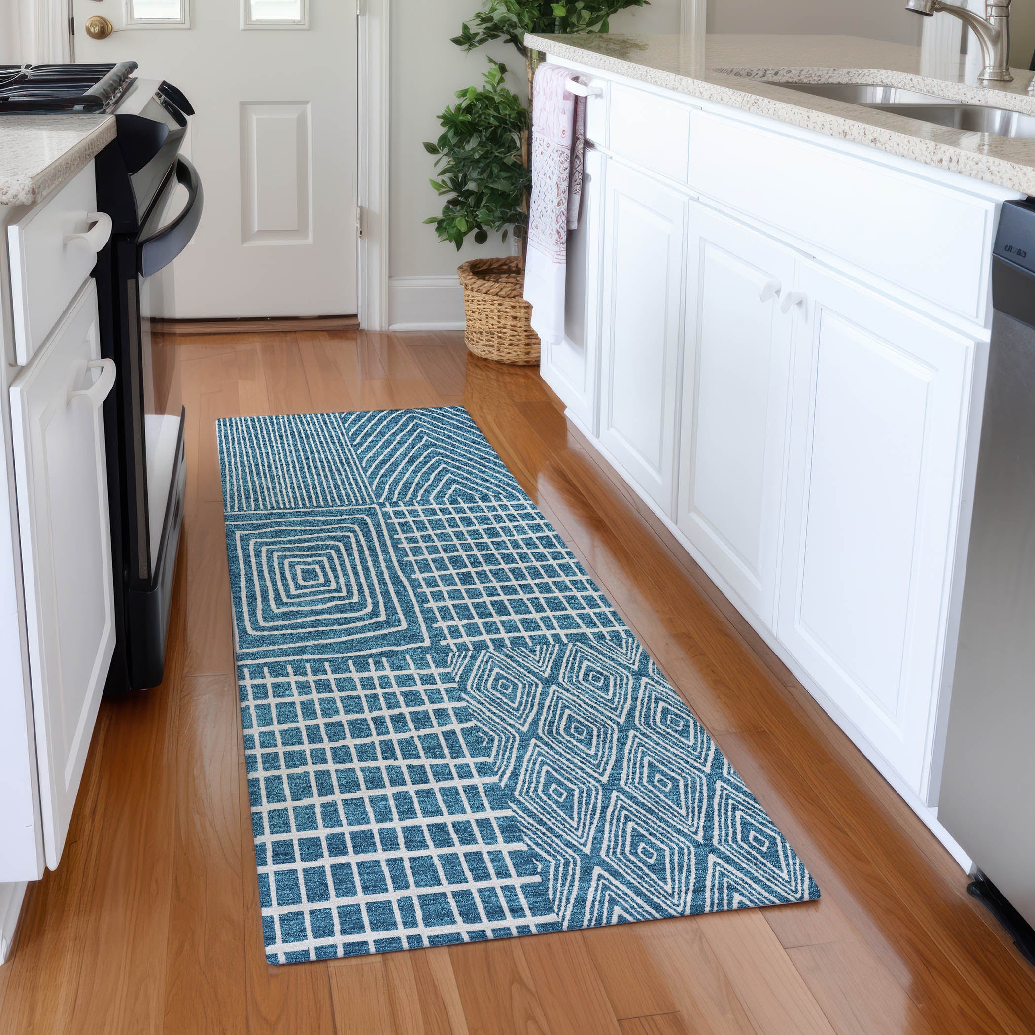 Athens Machine Washable Transitional Teal Rug 2'3" x 7'6" #shape_Runner