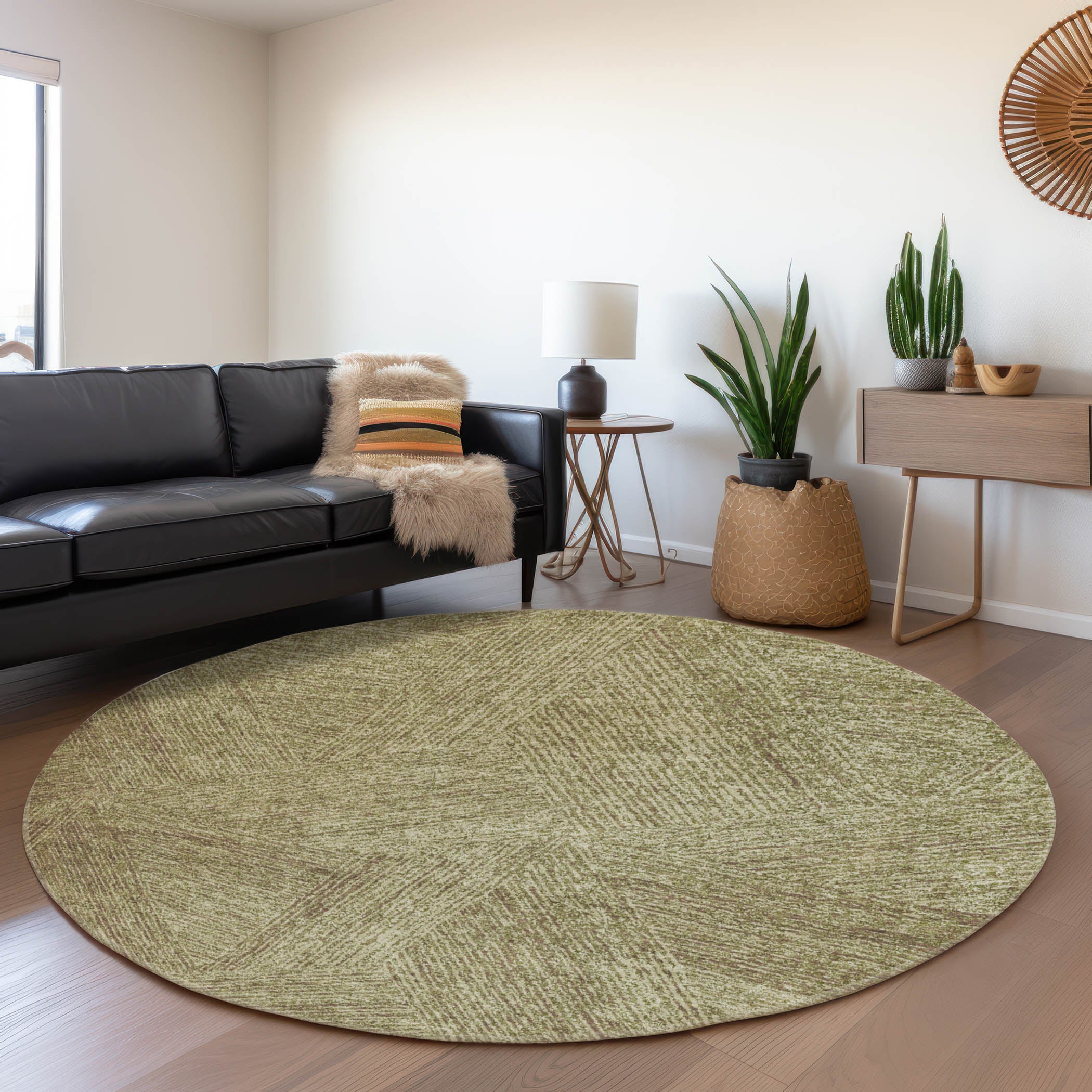 Lisbon Machine Washable Transitional Green Rug 8' x 8' #shape_Round