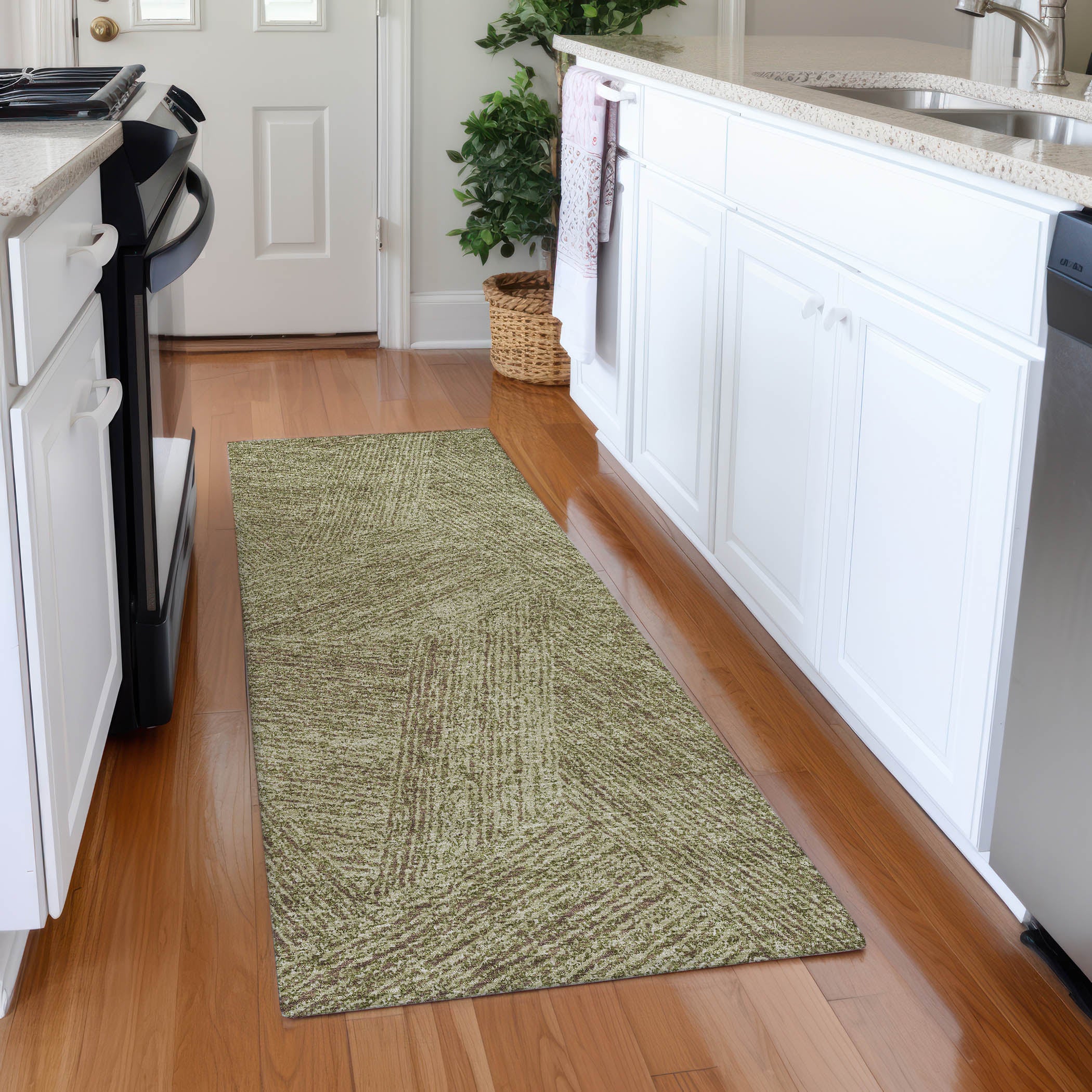 Lisbon Machine Washable Transitional Green Rug 2'3" x 7'6" #shape_Runner