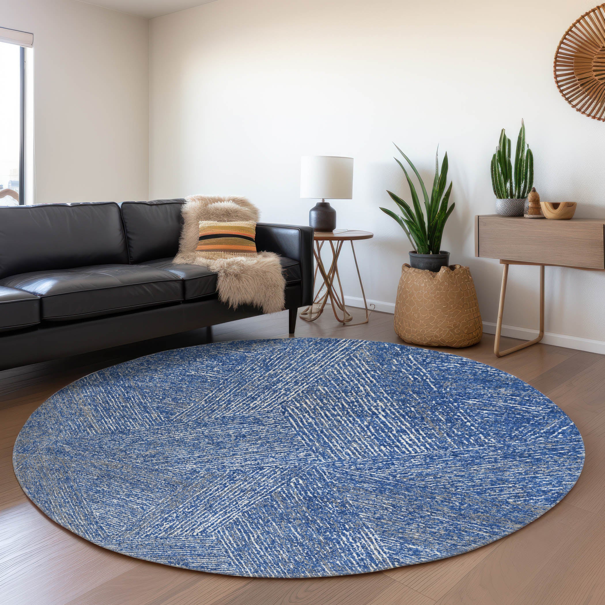 Lisbon Machine Washable Transitional Navy Blue Rug 8' x 8' #shape_Round