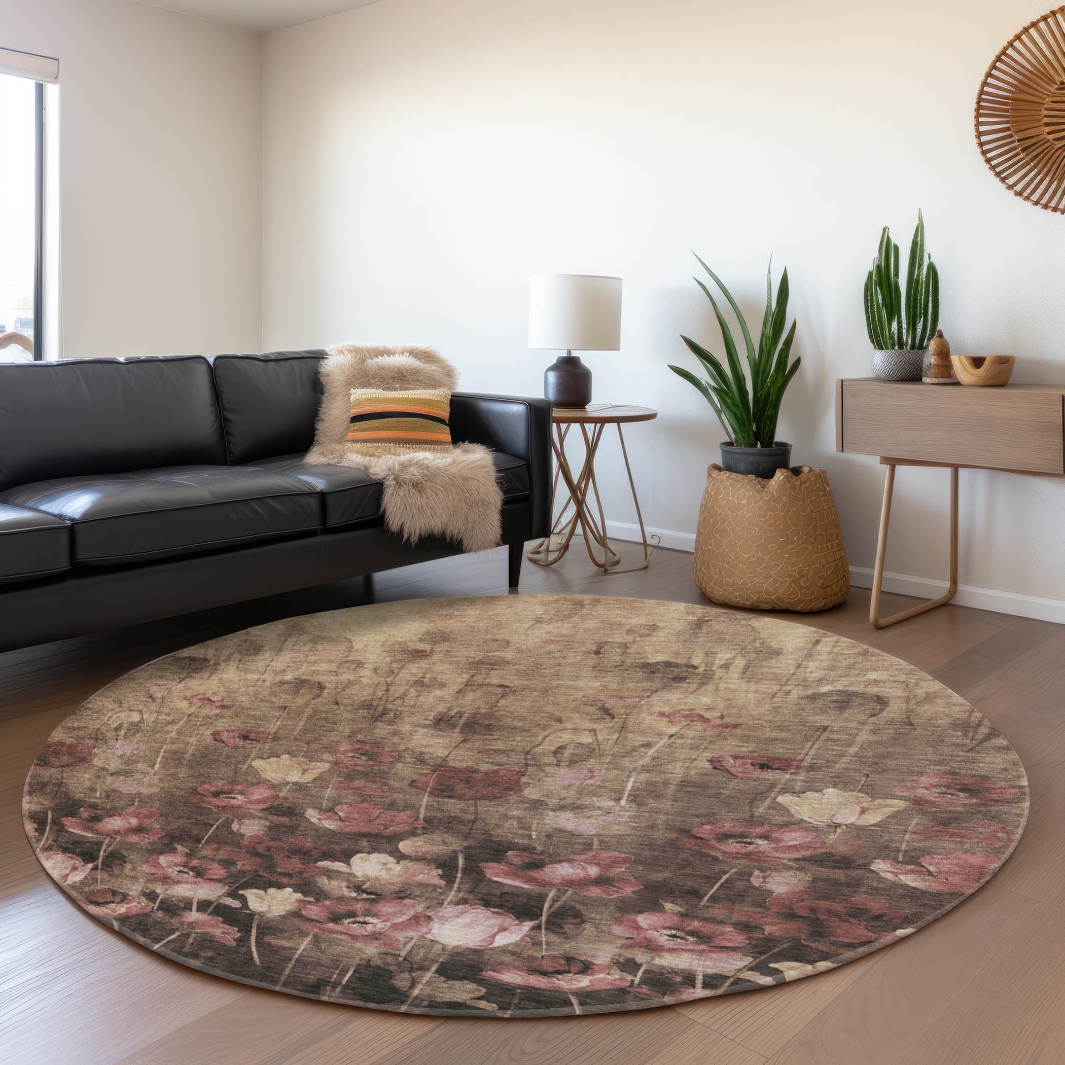 Lisbon Machine Washable Transitional Taupe Brown Rug 8' x 8' #shape_Round