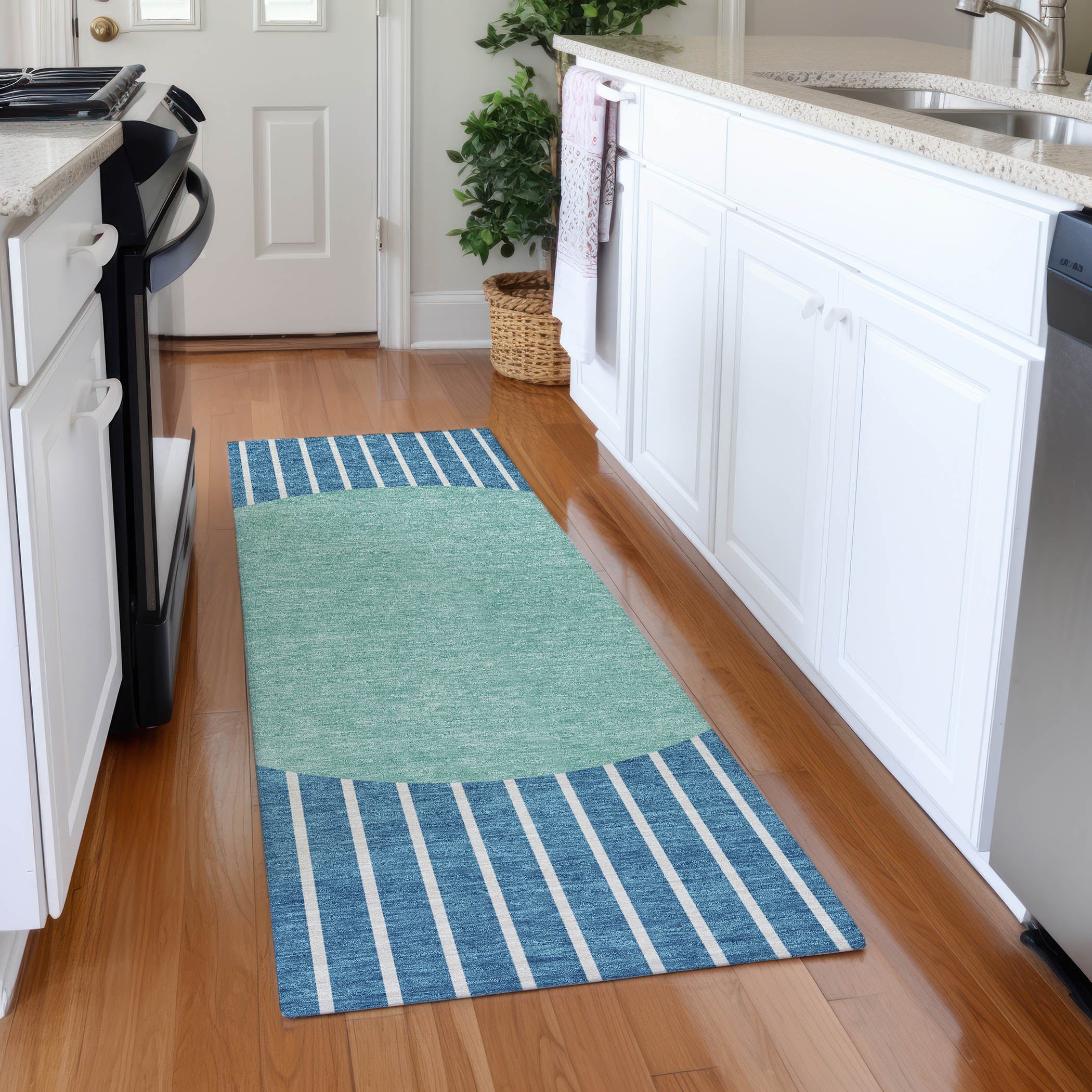 Sintra Machine Washable Transitional Teal Rug 2'3" x 7'6" #shape_Runner