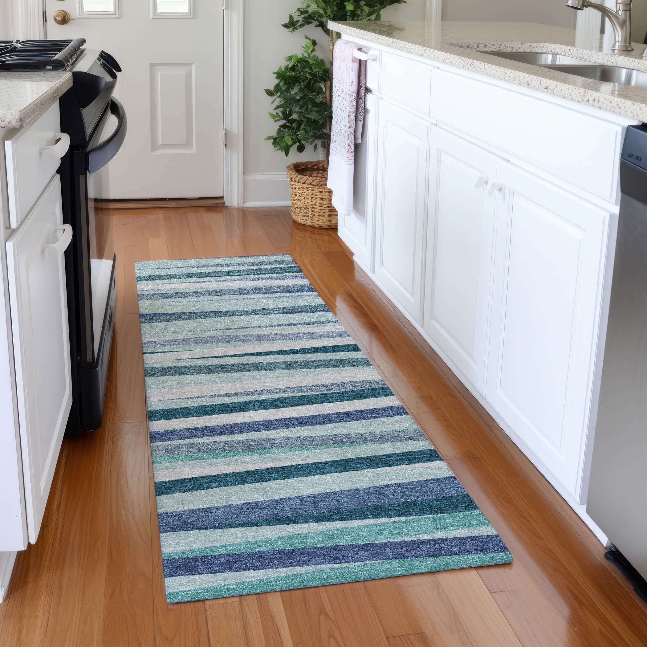 Tallinn Machine Washable Transitional Teal Rug 2'3" x 7'6" #shape_Runner