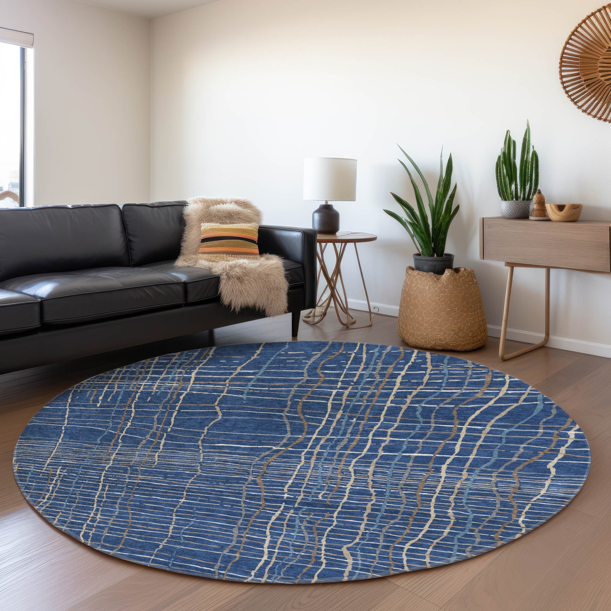 Baku Machine Washable Transitional Navy Blue Rug 8' x 8' #shape_Round