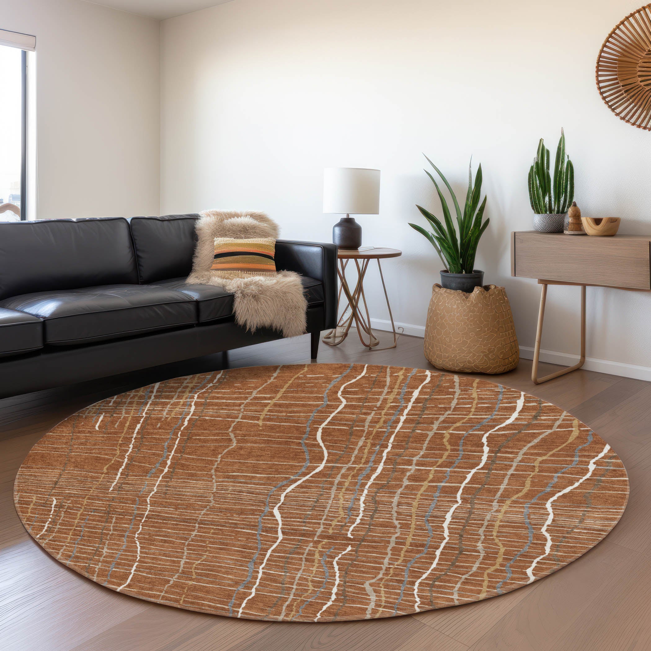 Baku Machine Washable Transitional Paprika Orange Rug 8' x 8' #shape_Round
