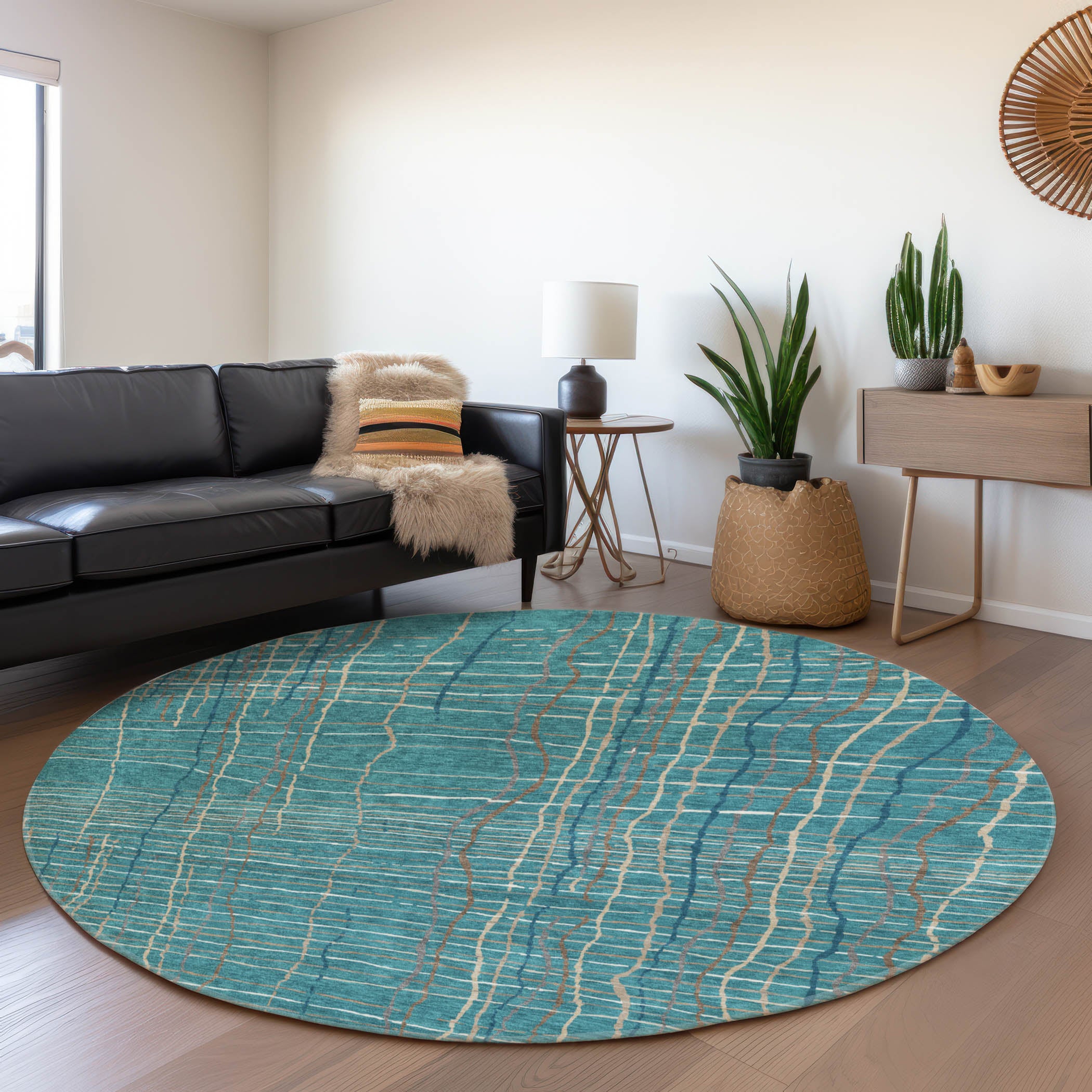 Baku Machine Washable Transitional Teal Rug 8' x 8' #shape_Round