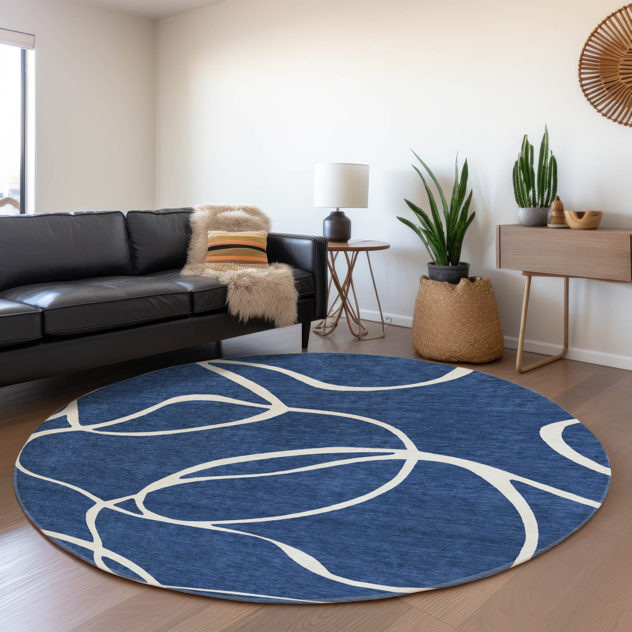 Dubrovnik Machine Washable Transitional Navy Blue Rug 8' x 8' #shape_Round