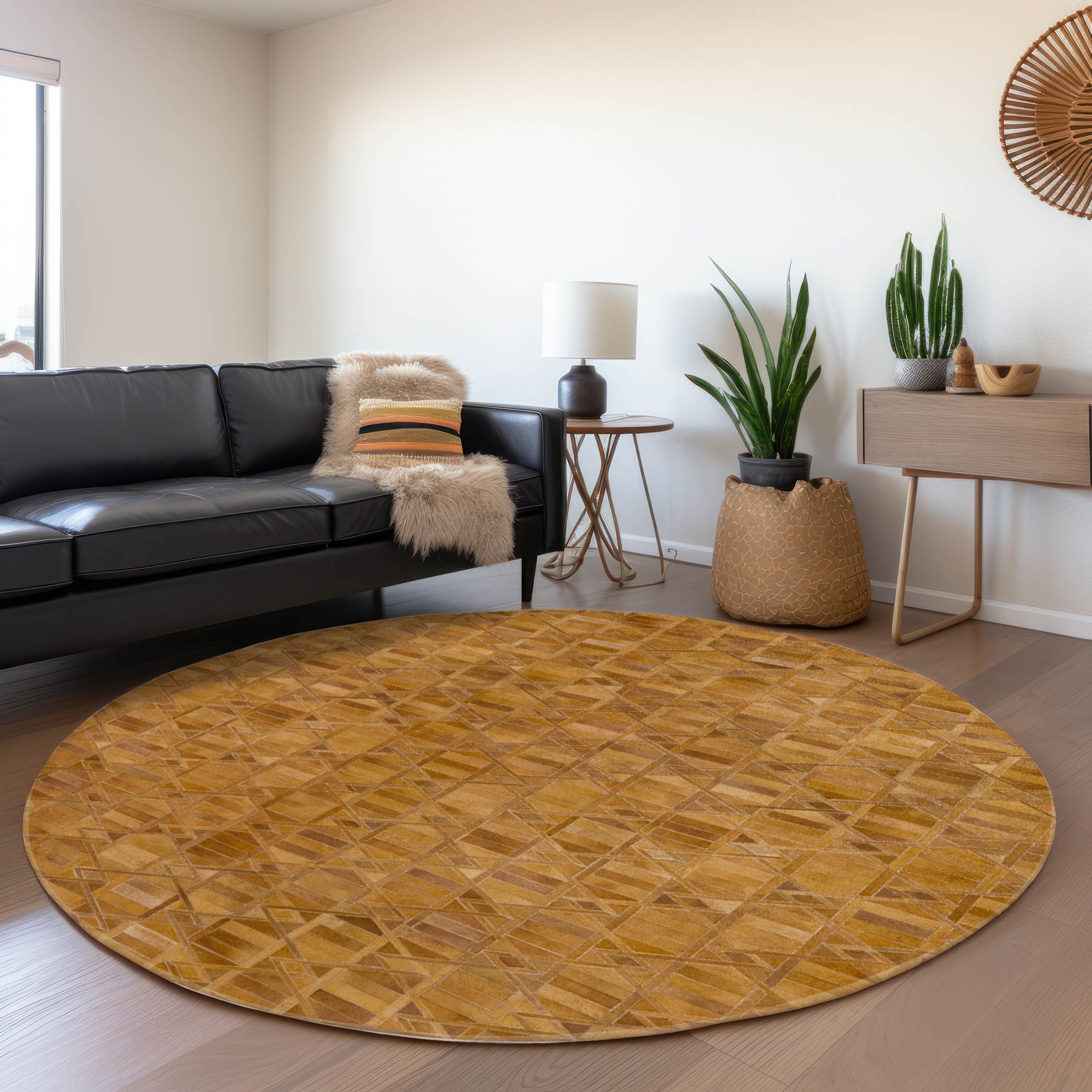Siena Machine Washable Cowhide Brown Browns Rug 8' x 8' #shape_Round
