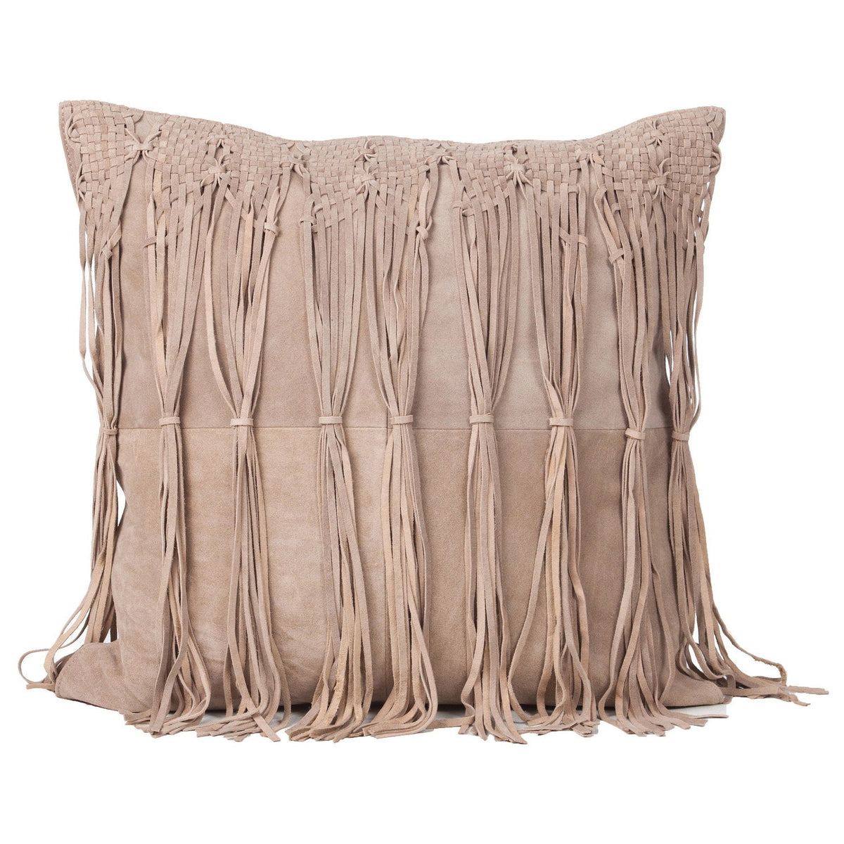 Suede Cowhide Cushion Fringe Beige #_shape=Square