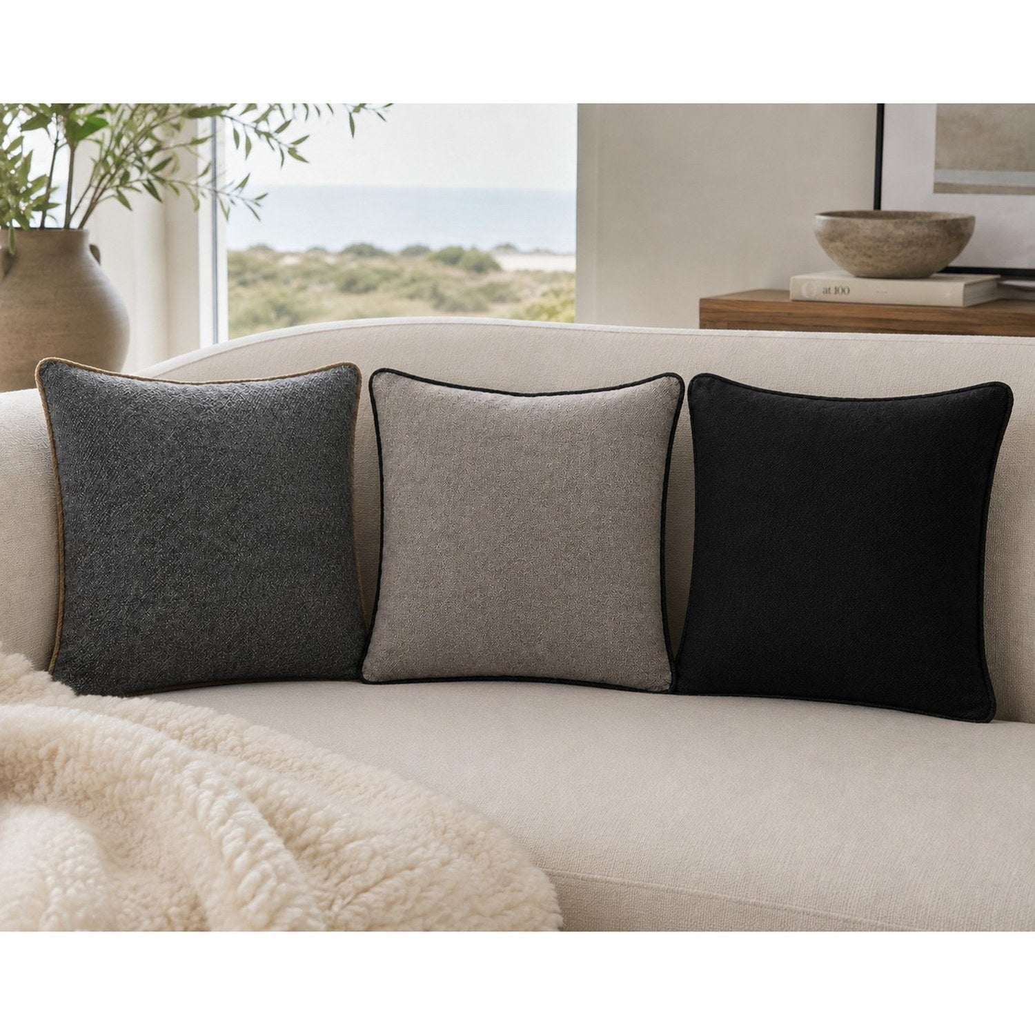 Alpaca/recycled Nylon Cushion Clara With Trim Black 2
