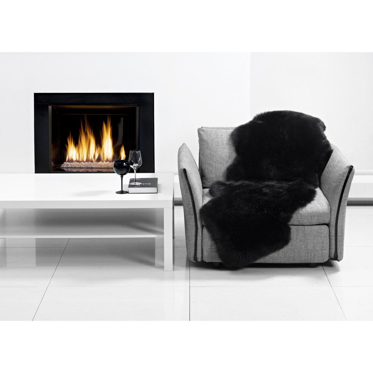 Long Wool Sheepskin Rug Double Black 2