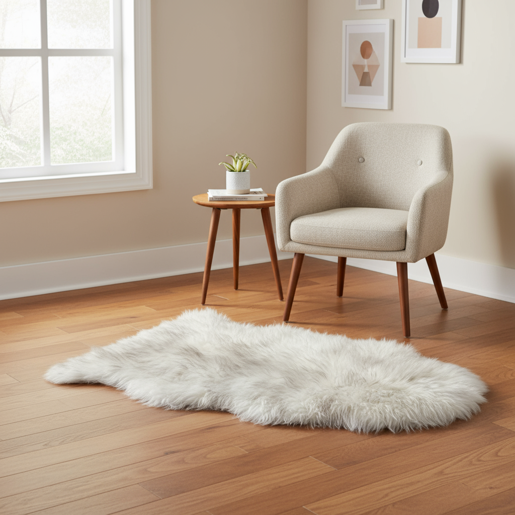 White fluffy rug on a wooden floor with a beige armchair and small table in the background. #size_2' x 3'