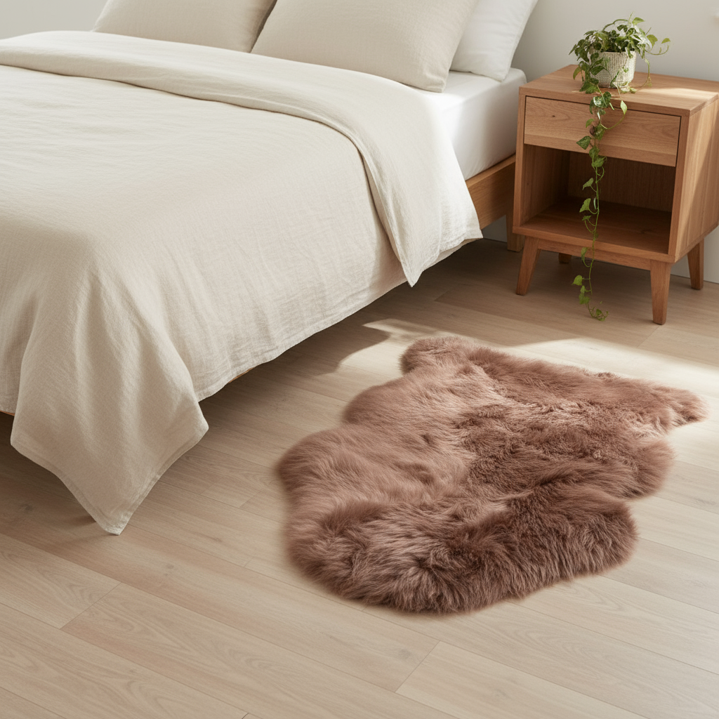 Fluffy brown rug on a wooden floor next to a bed with white bedding.#size_2' x 3'