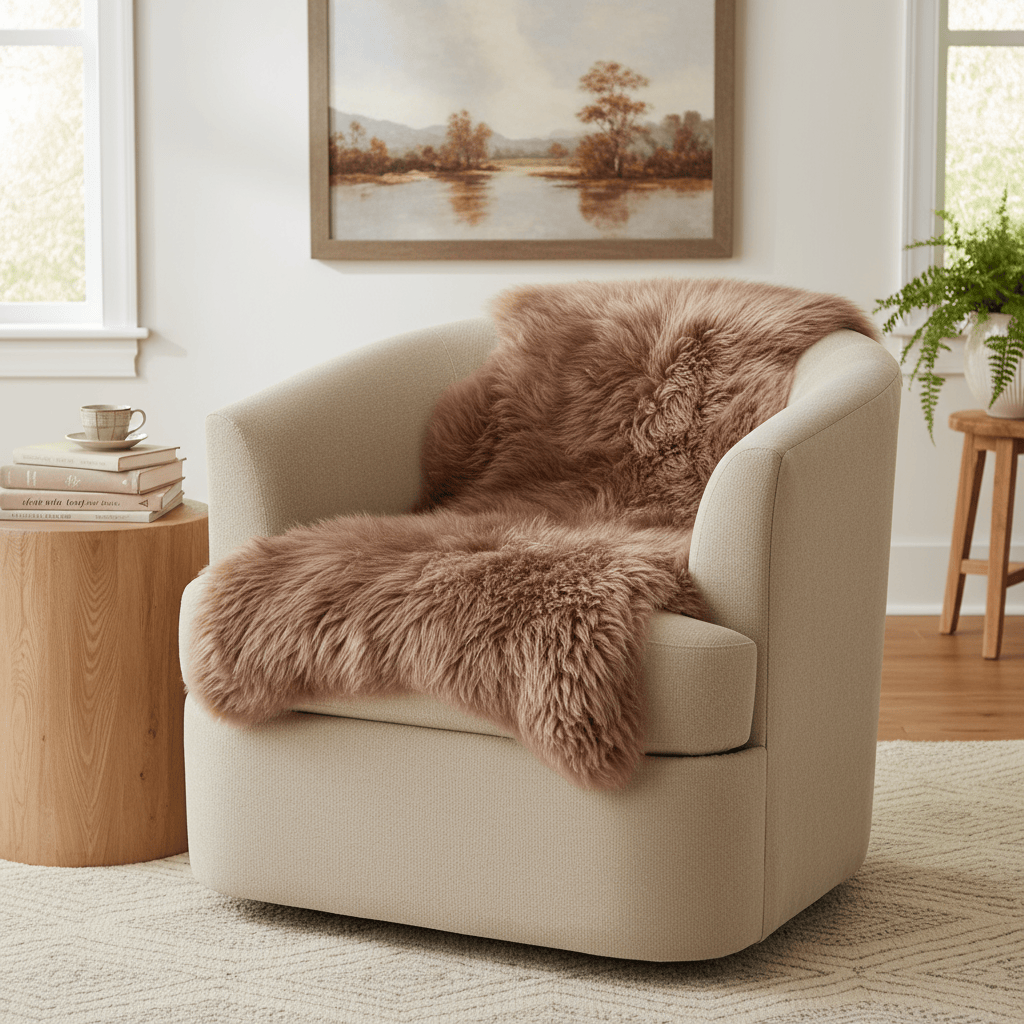 Beige armchair with a brown fur throw in a cozy living room setting. #size_2' x 3