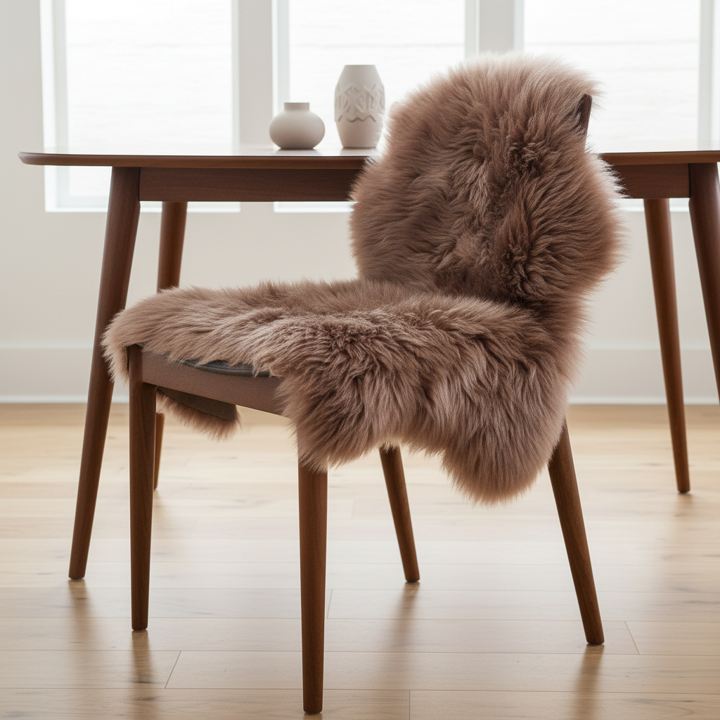 Chair with a fur cover in front of a wooden table with decorative vases. #size_2' x 3