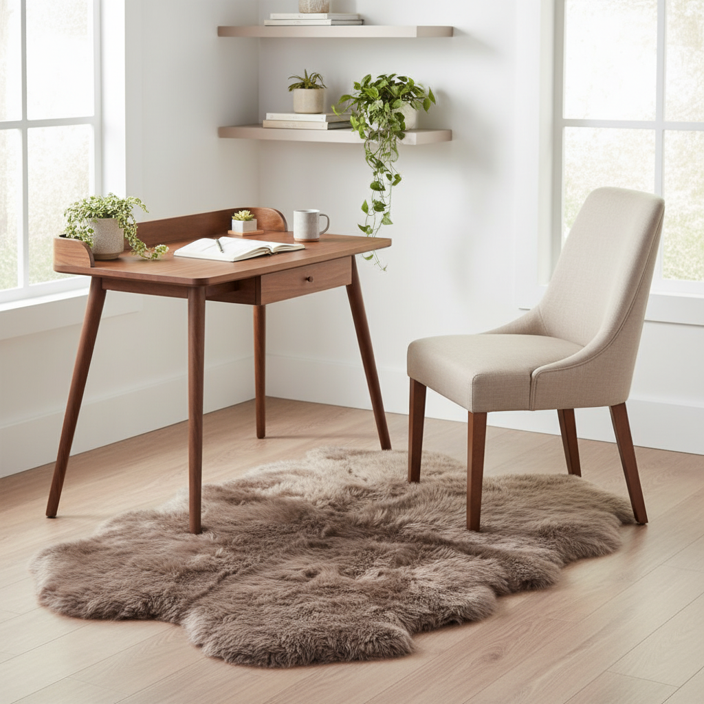 Wooden desk with chair in a bright room with plants and a rug. #size_4' x 6'