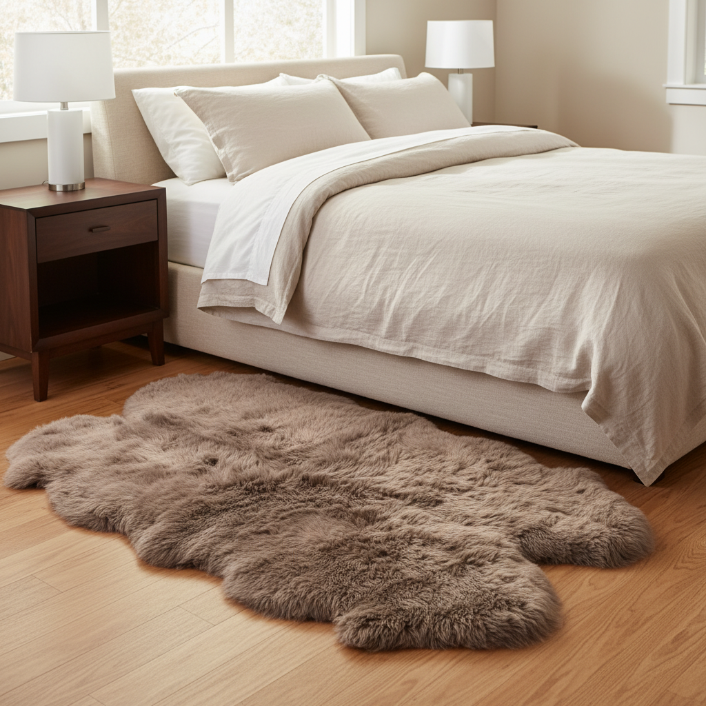Fluffy brown rug on a wooden floor in front of a neatly made bed with white bedding. #size_4' x 6'