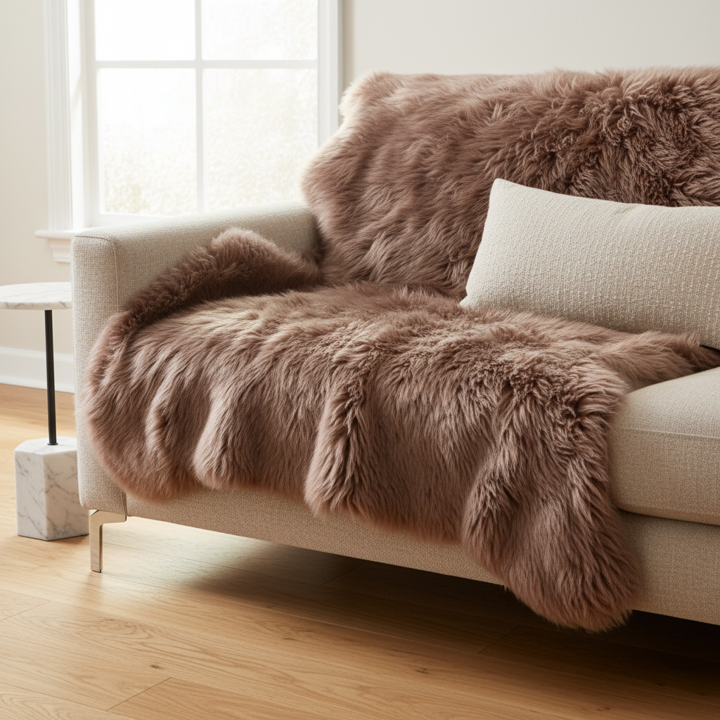 Beige sofa with brown fur throw and white pillow in a bright room. #size_4' x 6'