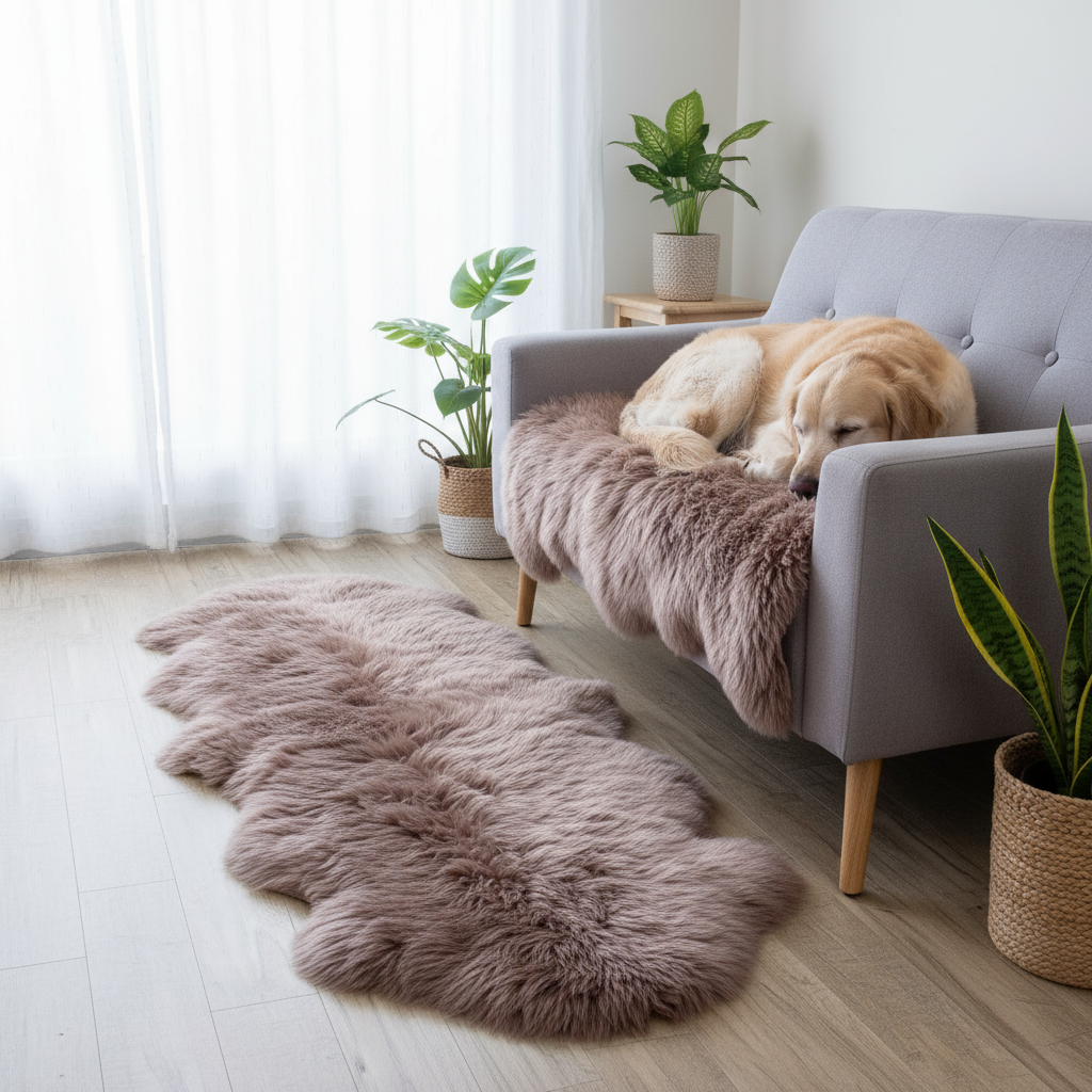 Fluffy pink rug on a wooden floor with a gray sofa and a dog in a living room. #size_2' x 6'