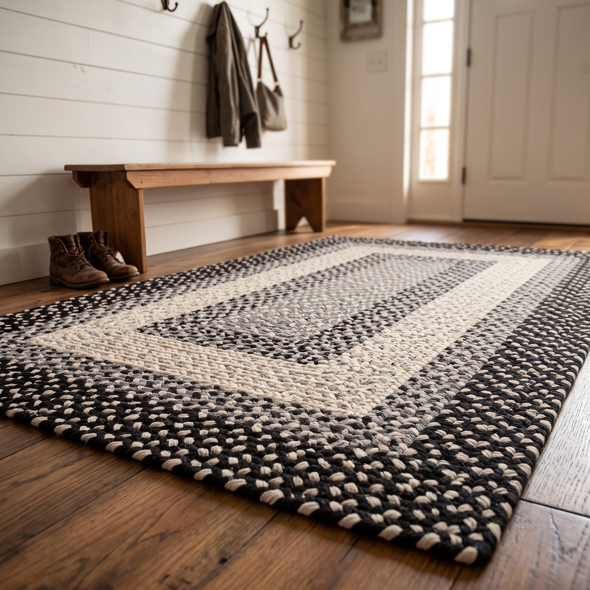 Black & Gray Cotton Braided Rug – Soft Hand-Washable Bordered Farmhouse Rug | Waterbury Collection