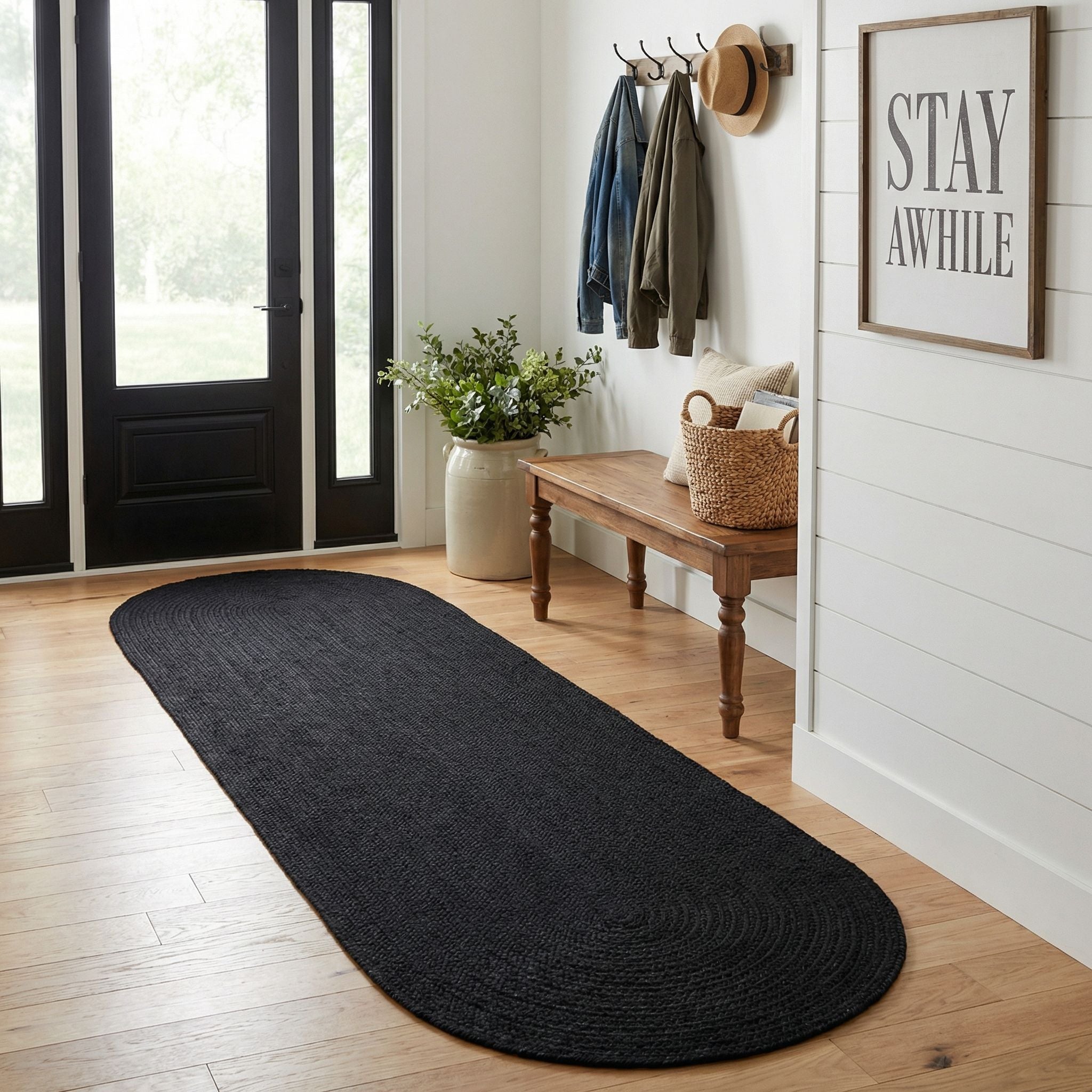 Black Braided Rug - Reversible Solid Constrution - Indoor Outdoor