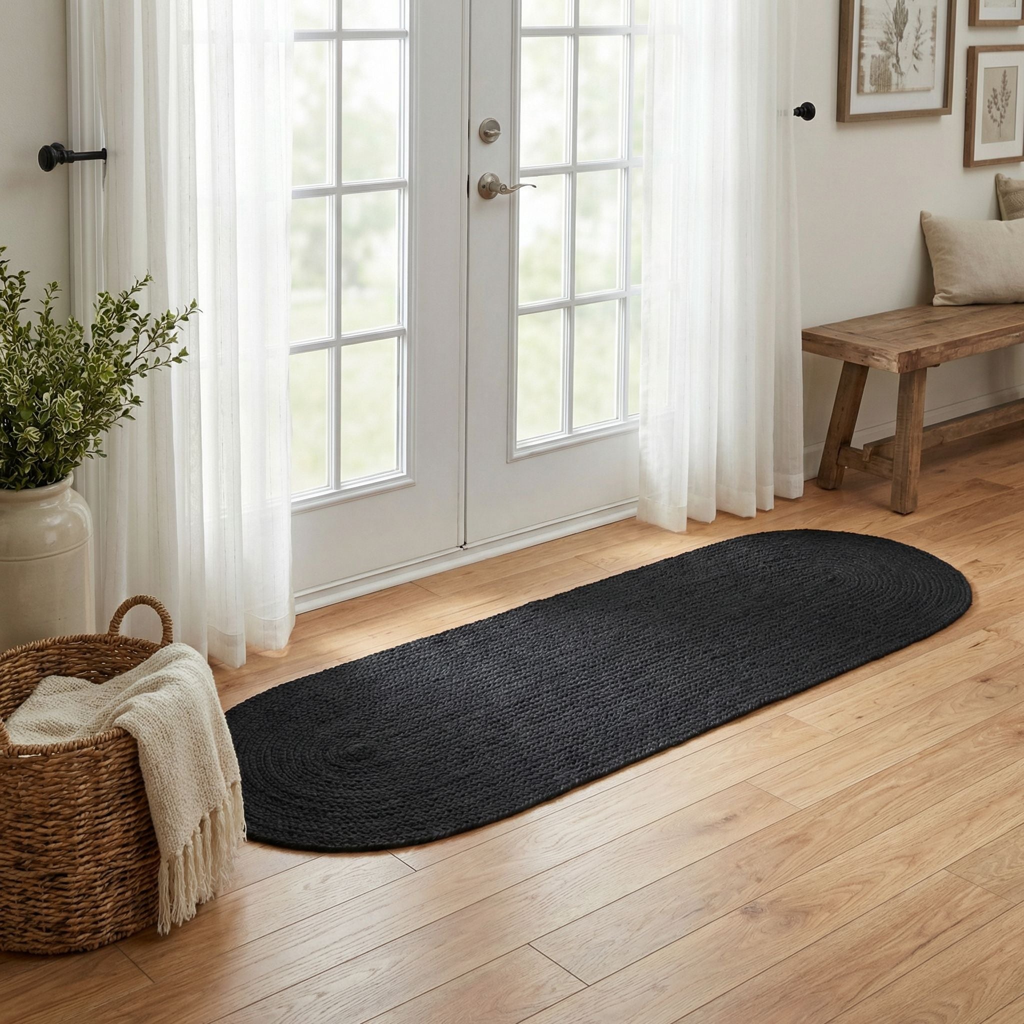 Black Braided Rug - Reversible Solid Constrution - Indoor Outdoor