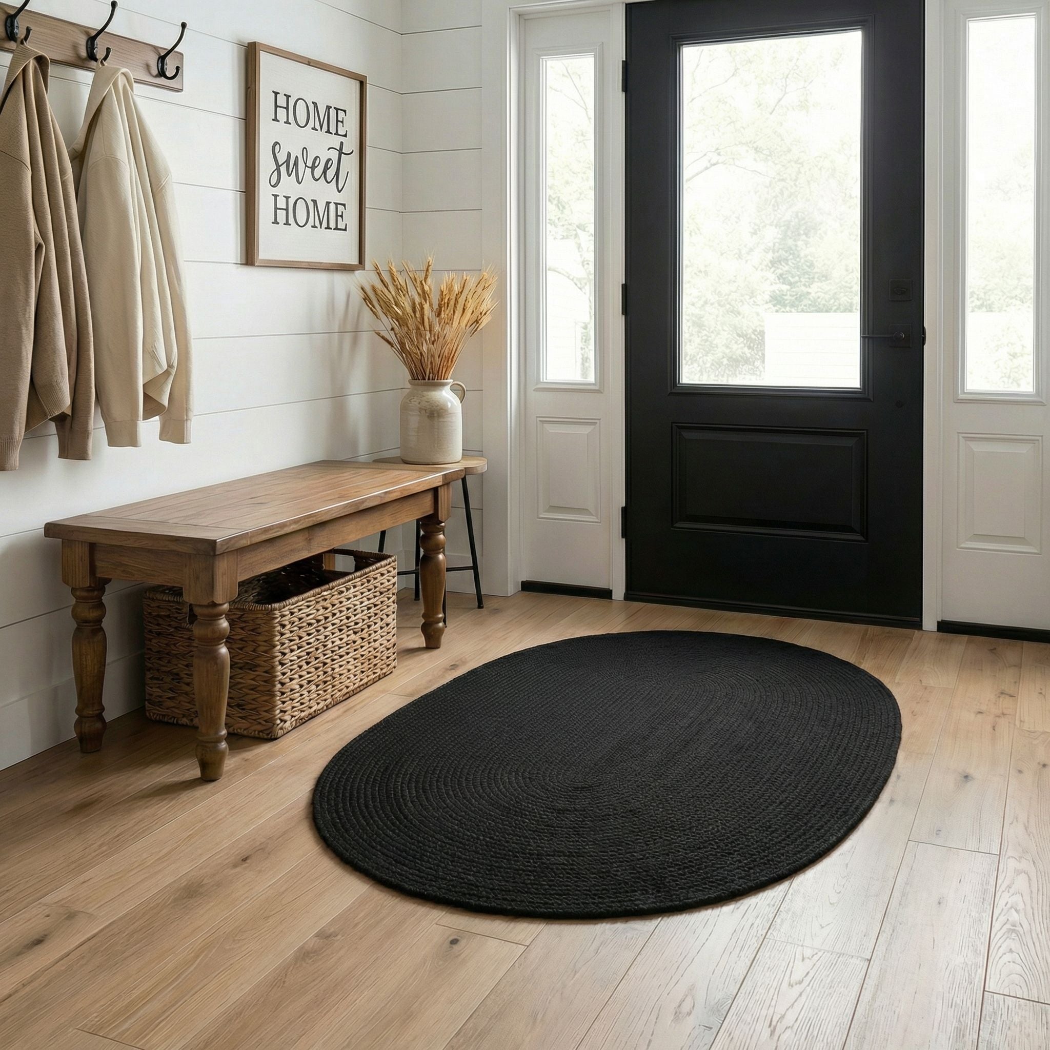 Black Braided Rug - Reversible Solid Constrution - Indoor Outdoor