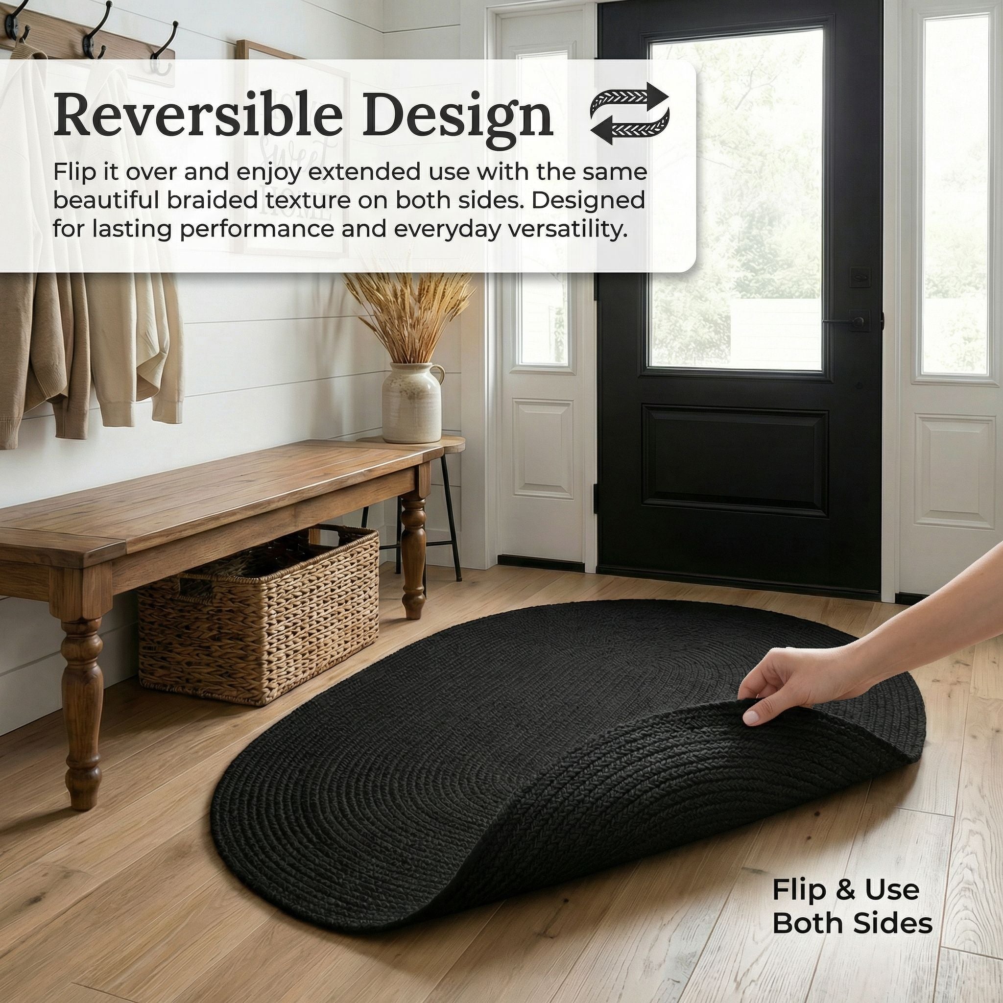 Black Braided Rug - Reversible Solid Constrution - Indoor Outdoor