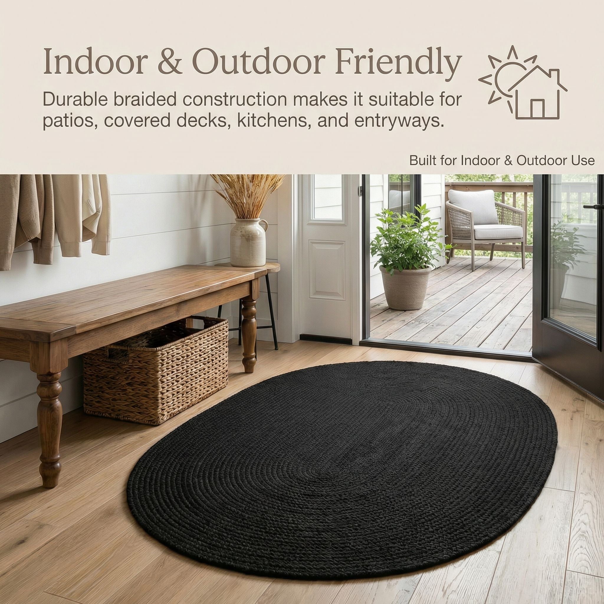 Black Braided Rug - Reversible Solid Constrution - Indoor Outdoor