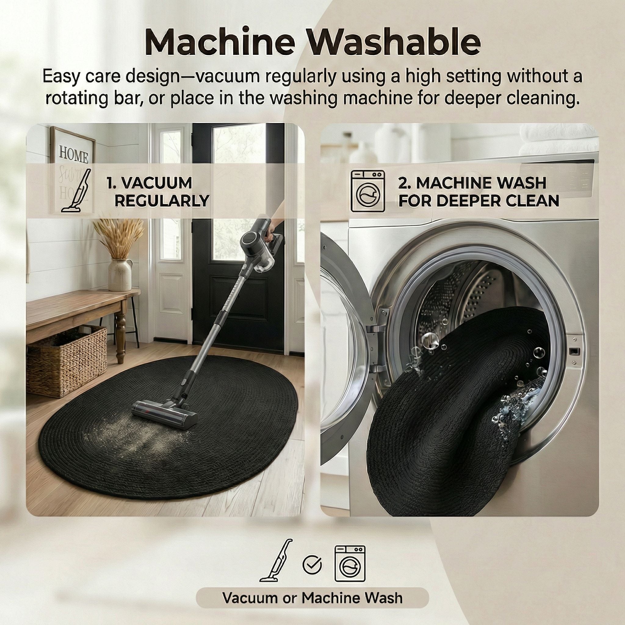 Black Braided Rug - Reversible Solid Constrution - Indoor Outdoor