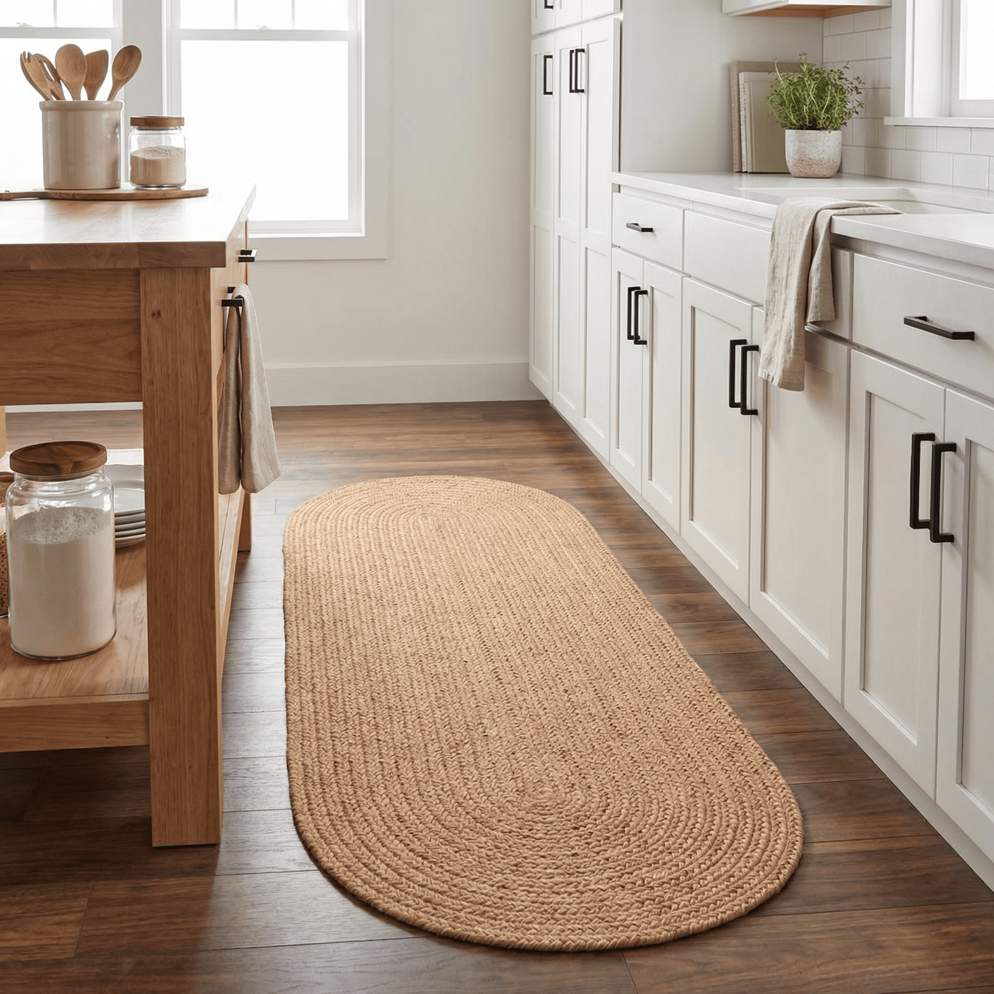 Beige Braided Rug - Reversible Solid - Indoor Outdoor Kitchen Rug