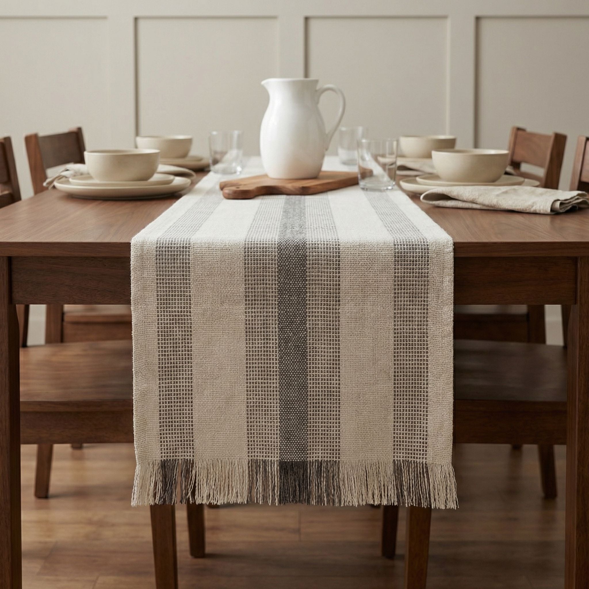 Ivory, Gray Table Runner Cotton Farmhouse Inspired