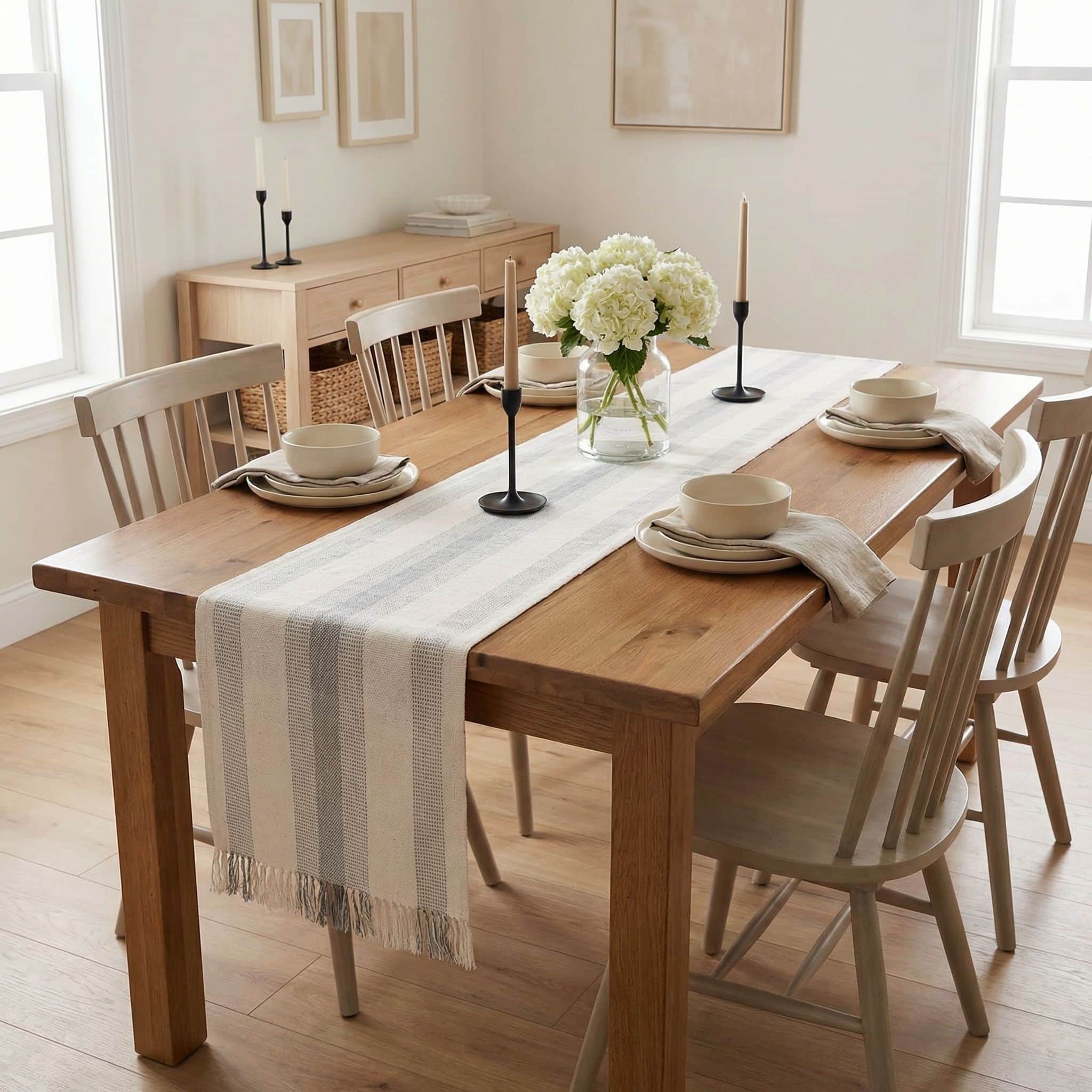 Ivory & Gray Cotton Table Runner – Farmhouse Inspired Washable Dining Runner | 14" x 72"