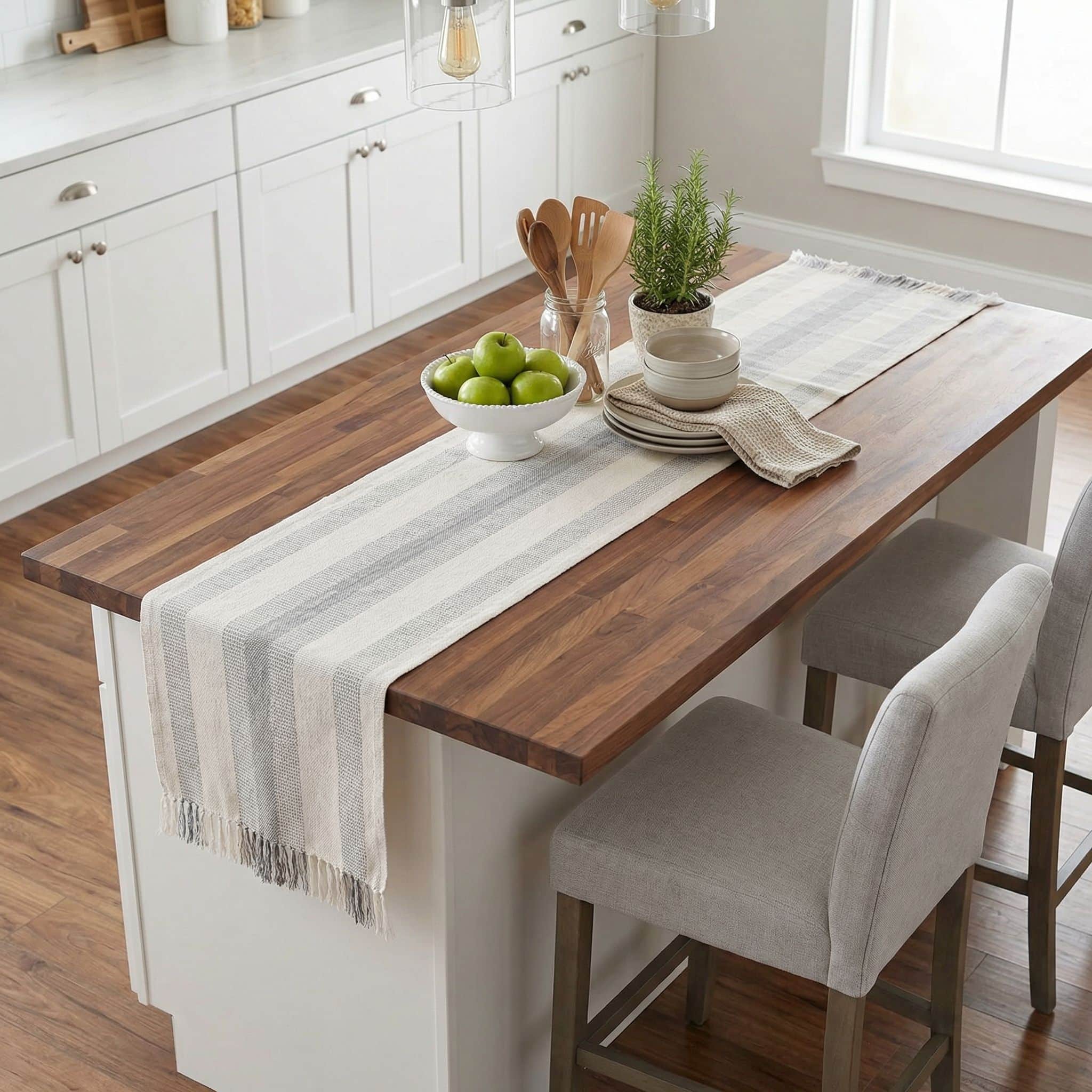 Ivory & Gray Cotton Table Runner – Farmhouse Inspired Washable Dining Runner | 14" x 72"