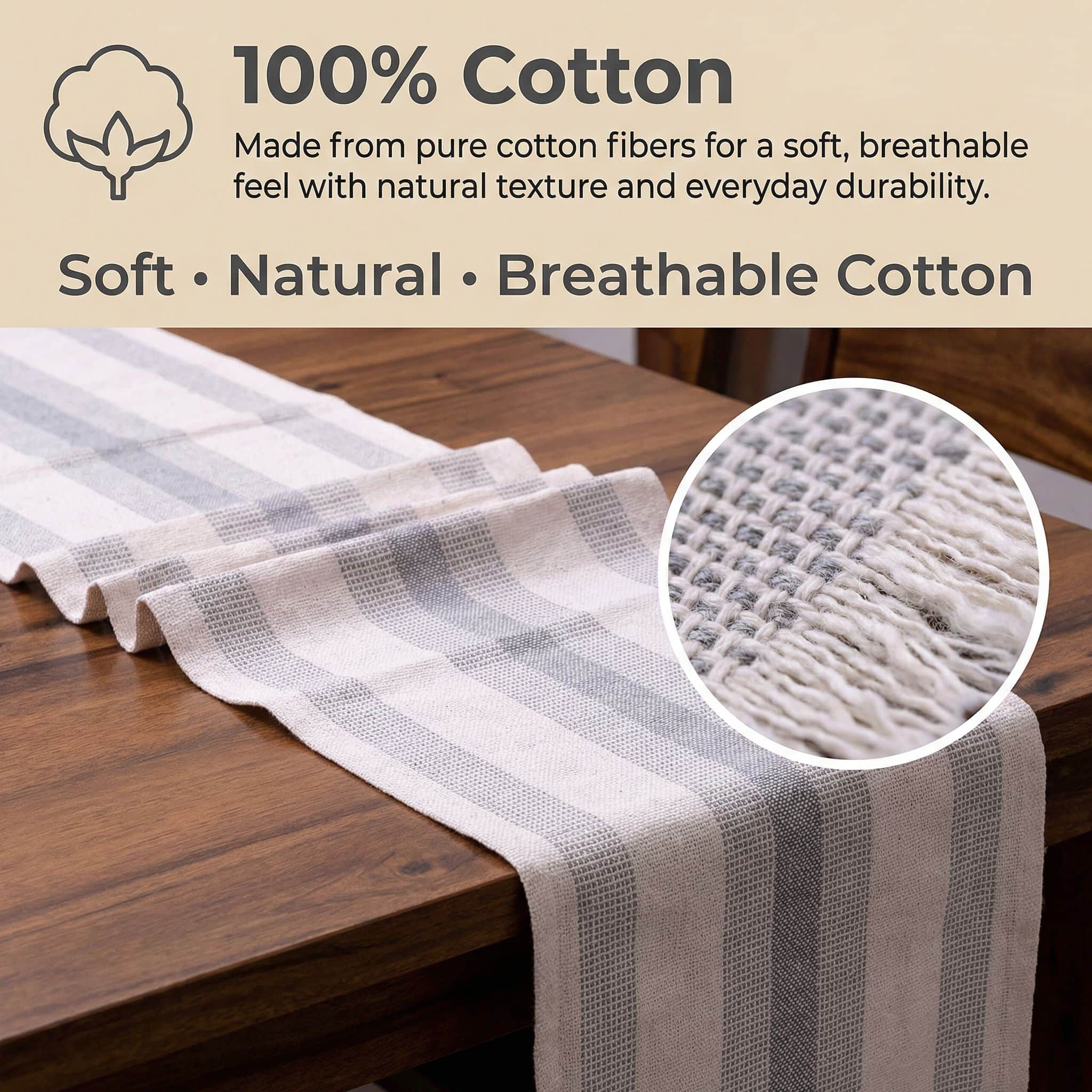 Ivory & Gray Cotton Table Runner – Farmhouse Inspired Washable Dining Runner | 14" x 72"