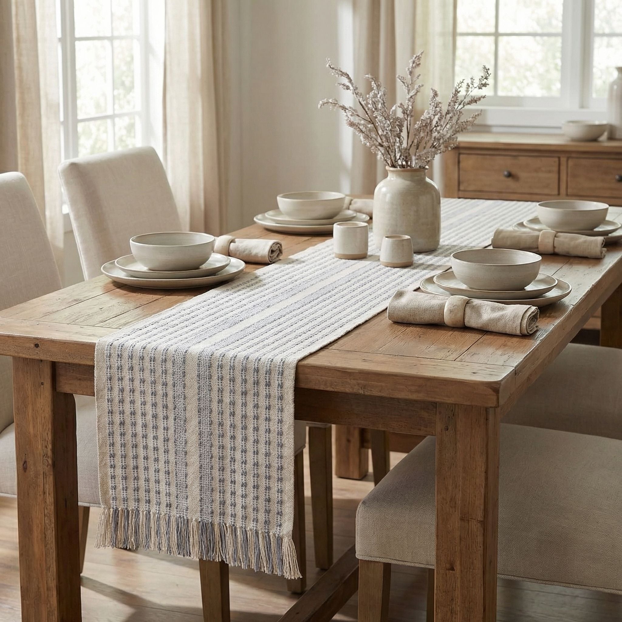 Ivory, Gray Table Runner Cotton Farmhouse Inspired