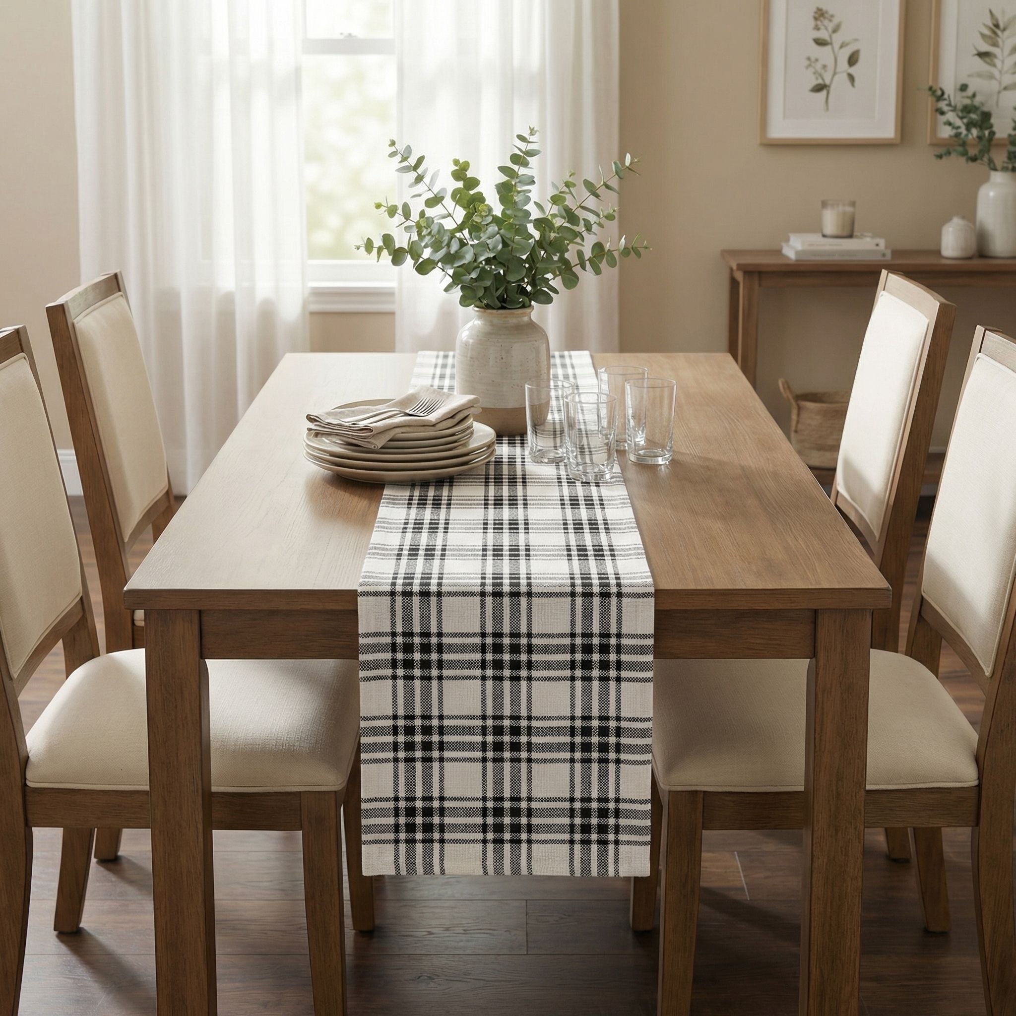 Ivory, Green Table Runner Cotton Farmhouse Inspired