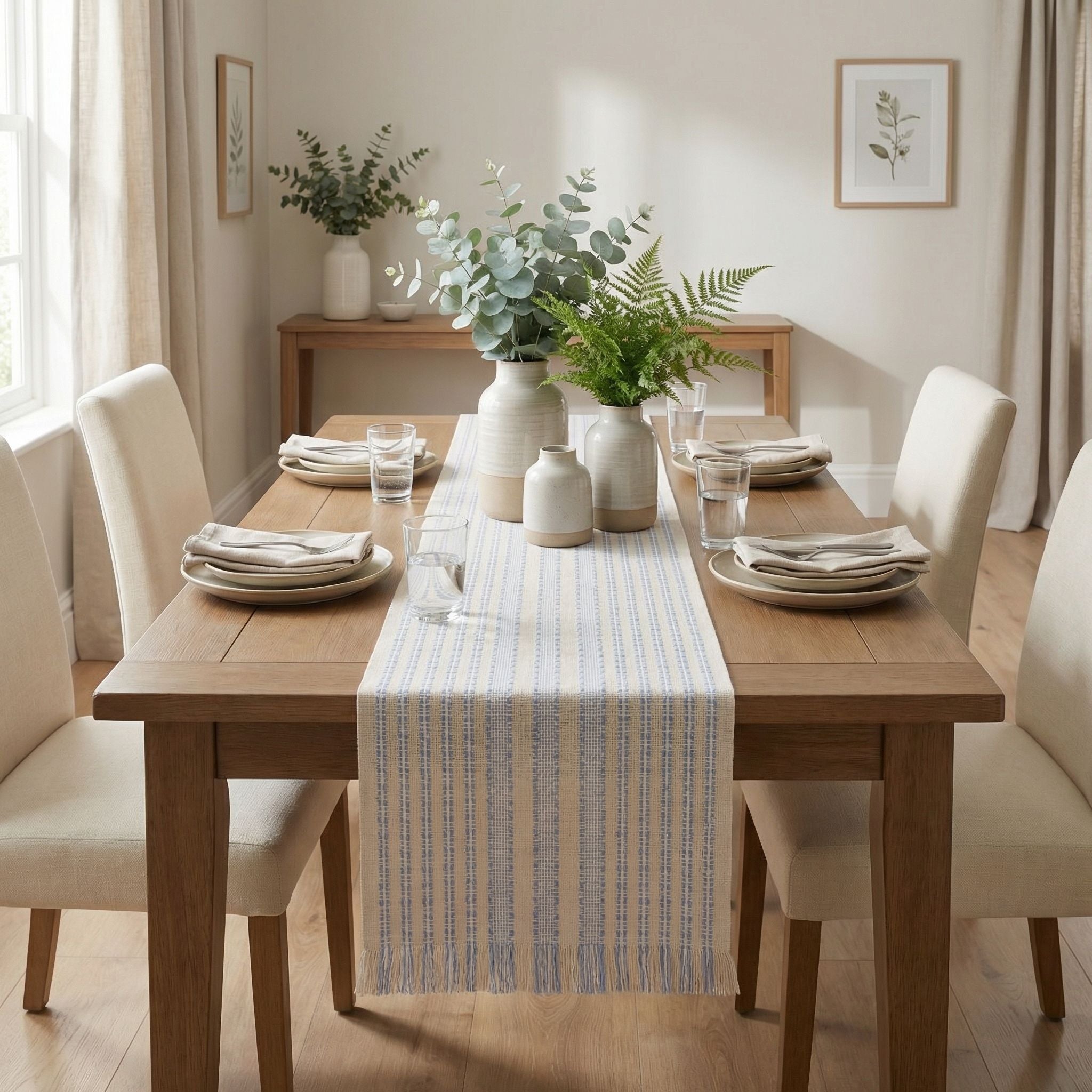 Ivory, Blue Table Runner Cotton Farmhouse Inspired