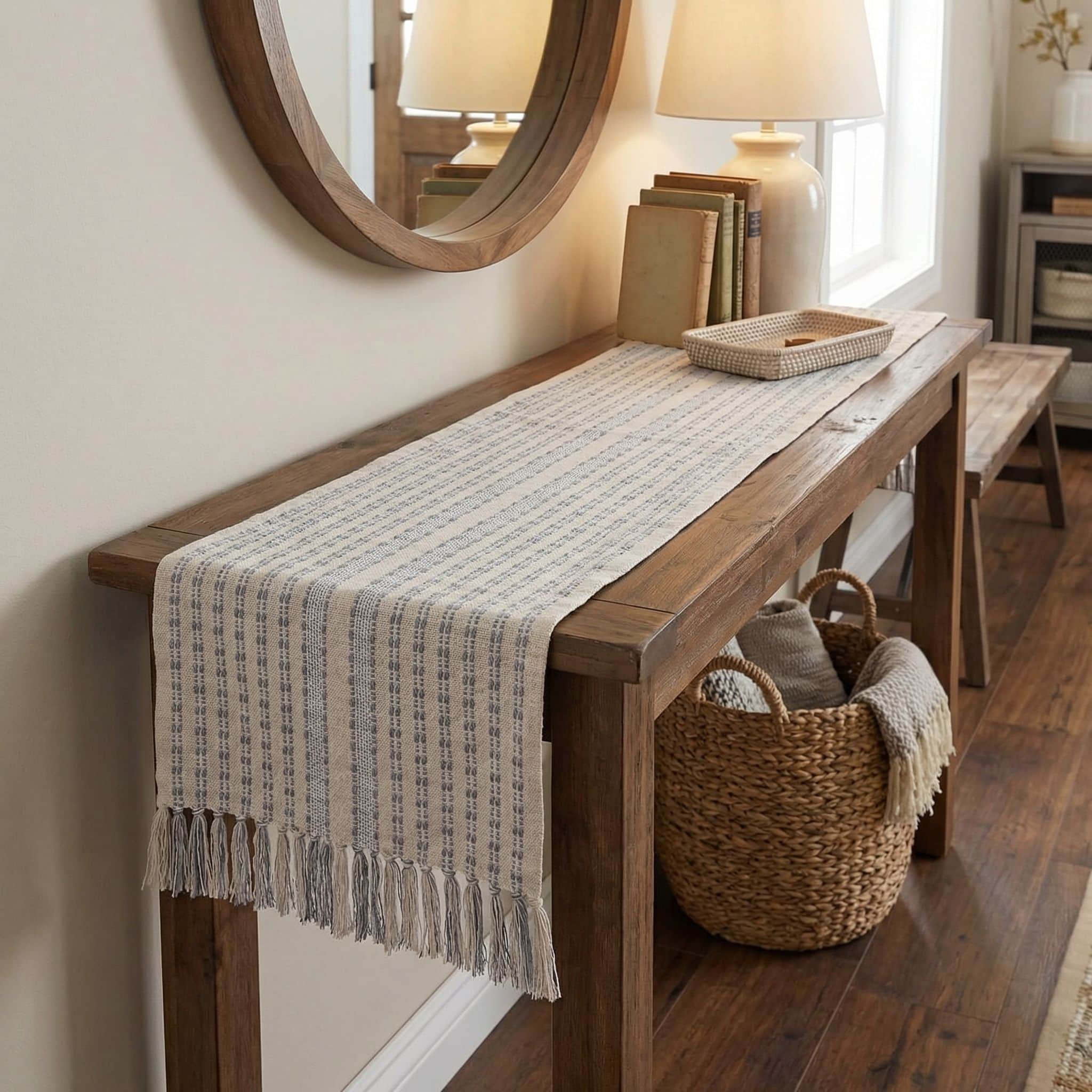 Ivory, Gray Table Runner Cotton Farmhouse Inspired