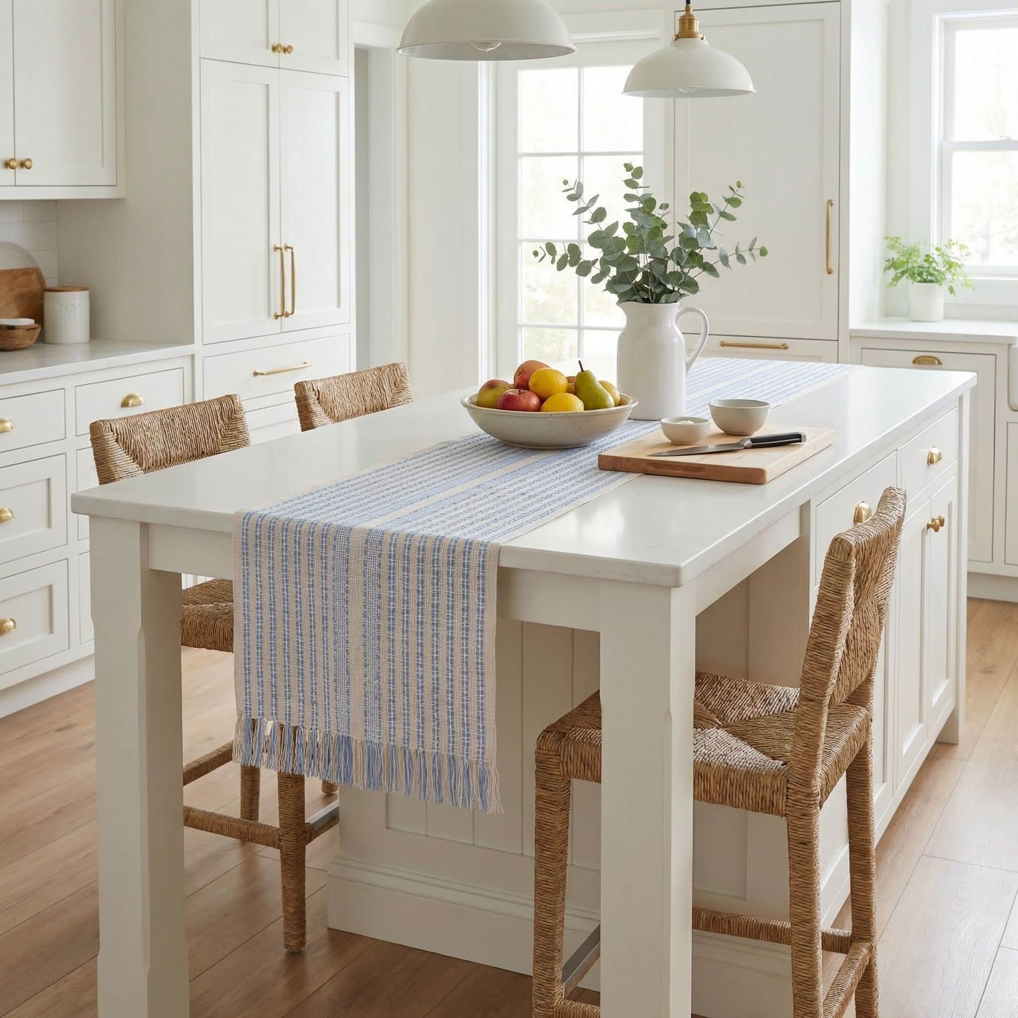 Ivory, Blue Table Runner Cotton Farmhouse Inspired