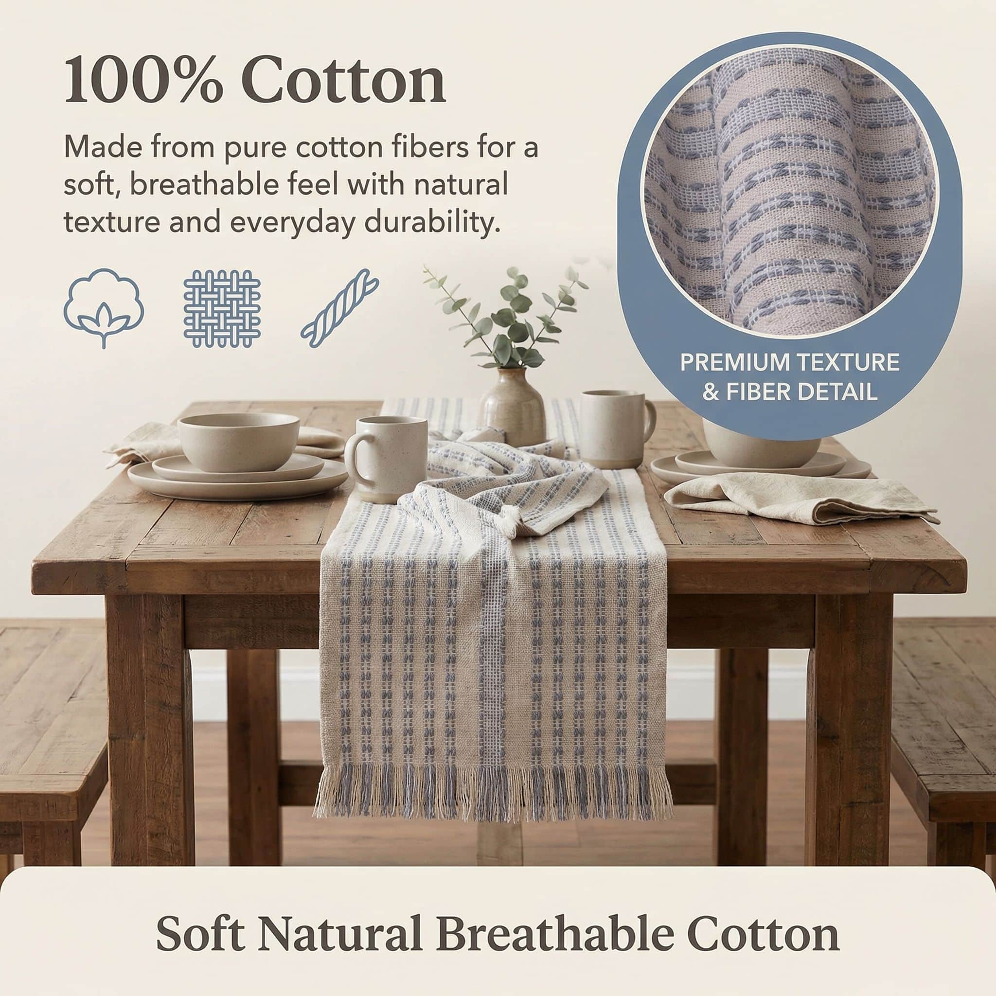Ivory, Gray Table Runner Cotton Farmhouse Inspired