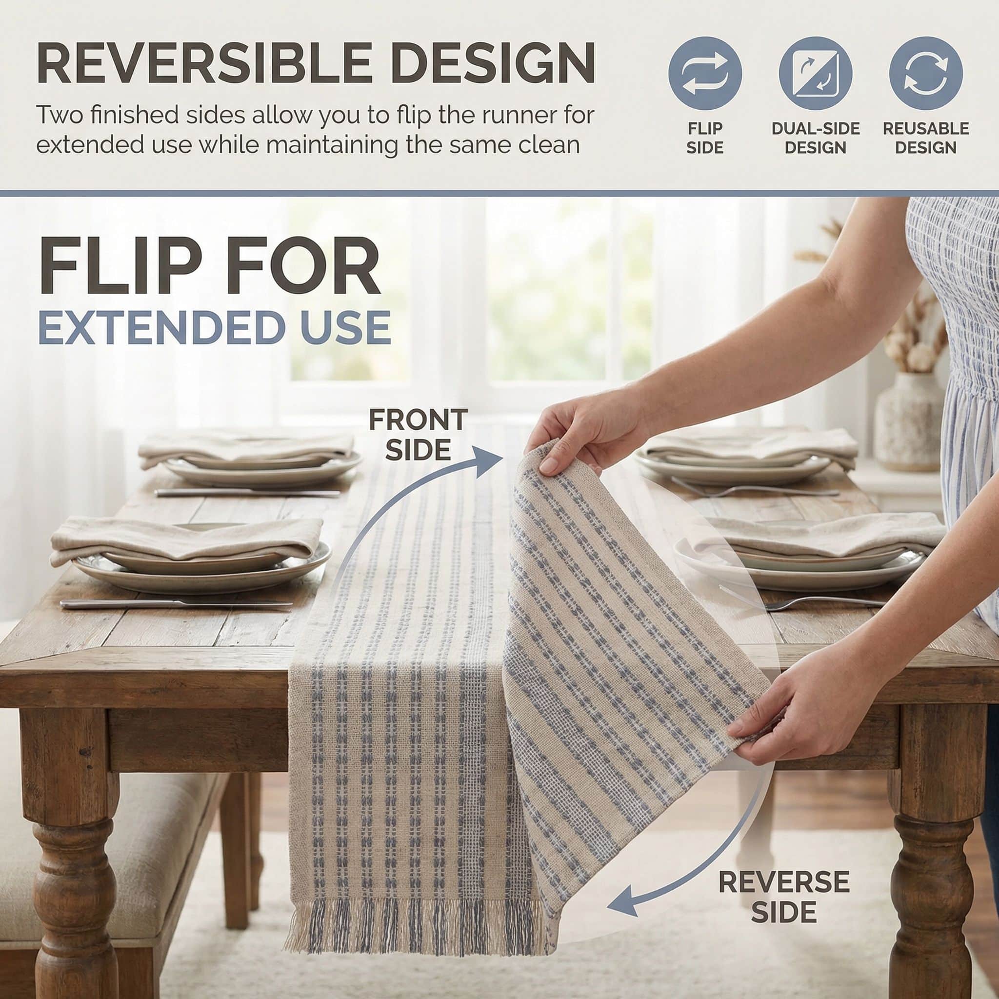 Ivory, Gray Table Runner Cotton Farmhouse Inspired