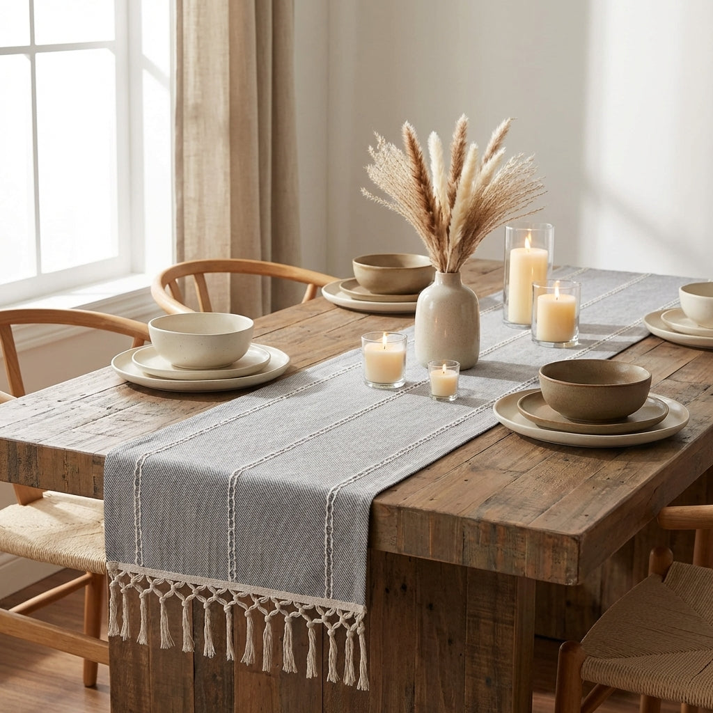 Ivory, Gray Table Runner Cotton Farmhouse Inspired